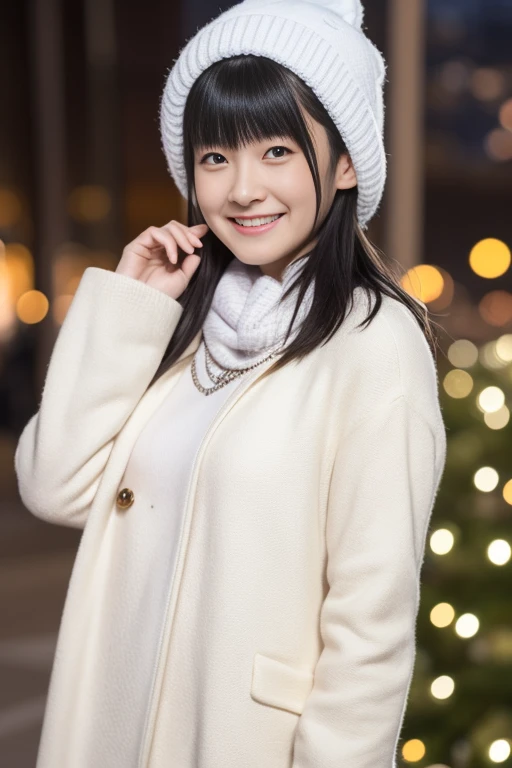 (Best Quality,masuter piece:1.2)Perfect and ultimate idol,Artist Photos,perfect detailed,Cute anime girl,with round face,Perfect and beautiful face,(Realistic,Photorealistic,Live action:1.2),a cool,triumphantly,A smile,small tits,Detailed face,1girl in,Solo,Night background,Beautiful girl in casual clothes,Wearing a white coat,Winding muffler,knit hat,frontage,The upper part of the body,The background is downtown,Right eyes,correct body,outdoors at night,stand in front of the christmas tree,Look up,illuminations,nighttime scene