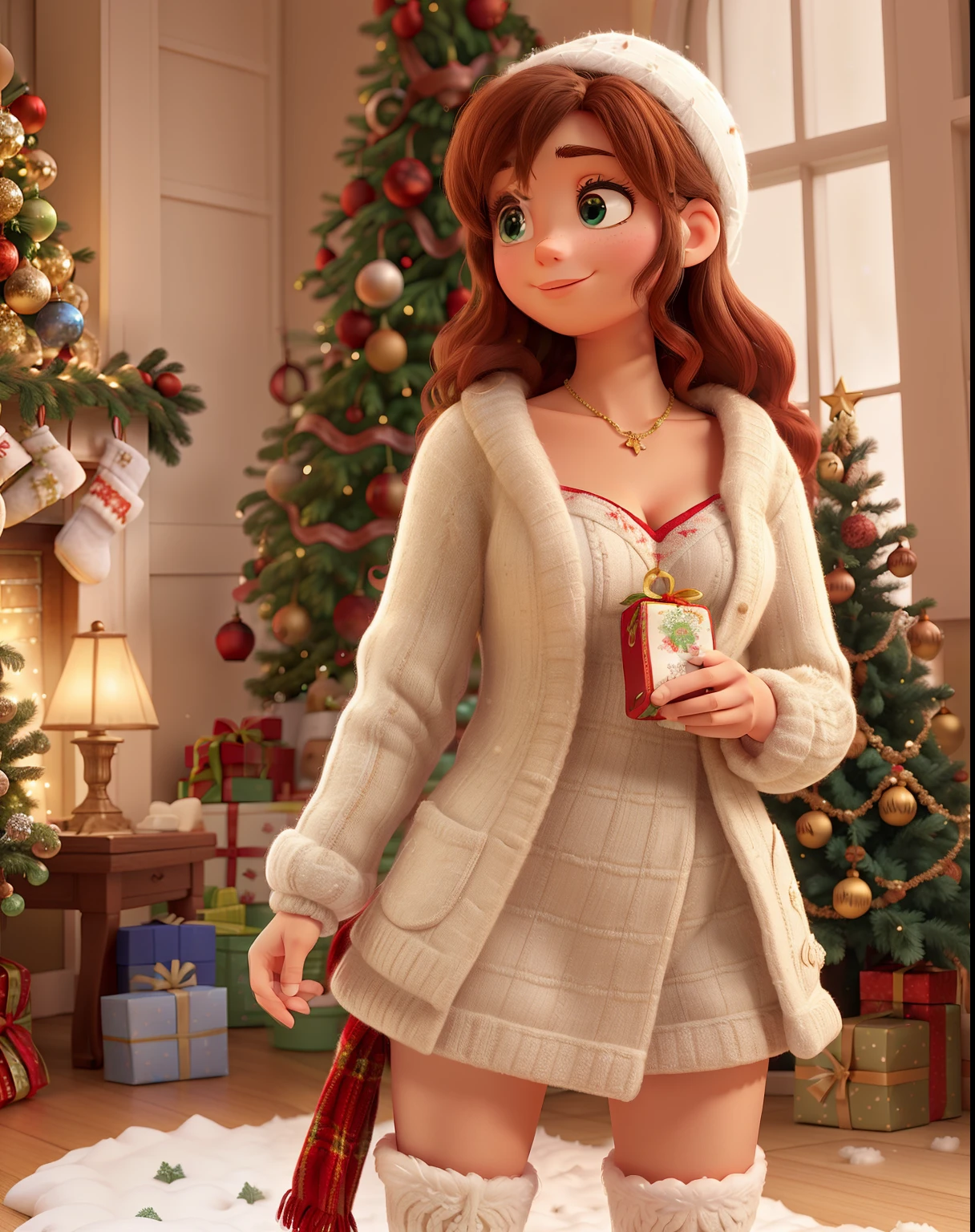 In a charming Disney Pixar Christmas setting,  an indoor house is adorned with festive "Christmas" decorations, as gentle "snow" falls outside. A "cute young woman" in cozy "wool" winter underwear climbs to decorate her Christmas tree, framed by the inviting glow of the "window," capturing the heartwarming holiday spirit. She is wearing wool lingerie underwear g-string captured from behind