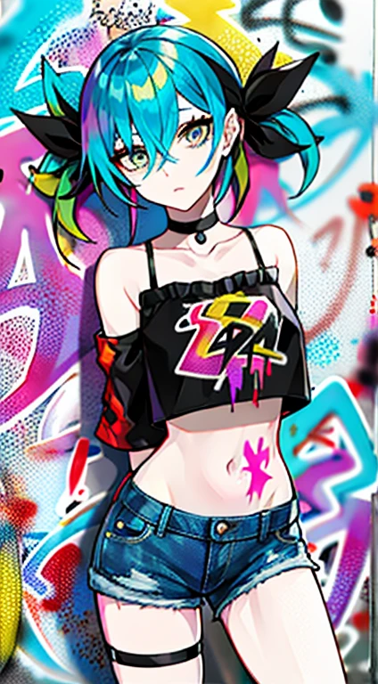 Absurdity, Top Quality, 1 Girl, Solo, Striped Hair, White Crop Top, Dark Denim Shorts, Choker, (graffiti: 1.25), Paint Splatter, Arms Behind Back, (Slouch), Leaning Back, Leaning Against the Wall, (Tilted to the Side: 0.125), Watch the Viewer, Armbands, Thigh straps, Striped hair, Paint on the body, Eyes directed upwards, Head down, tilt your head, (from the side: 0.9), bored, (expressionless: 0.75), ram \ (ramdayo \),