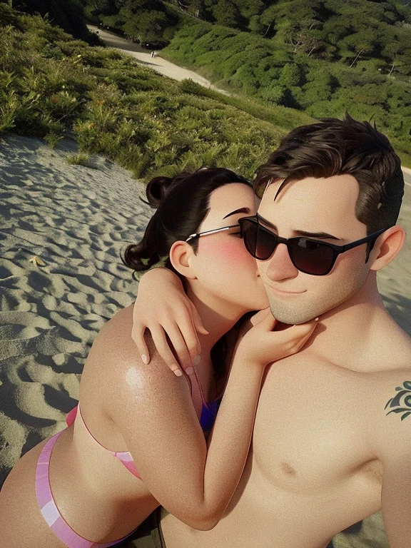 there is a man and woman on the beach kissing each other, Imagen de perfil, Foto de vacaciones, kissing together cutely, posing on a beach with the ocean, Couple kissing, selfie enamorado, en una playa soleada, Tyler Edlin y Natasha Tan, they are in love, reddit post, Charli Bowater y Artgeem, Foto de Snapchat, en la playa