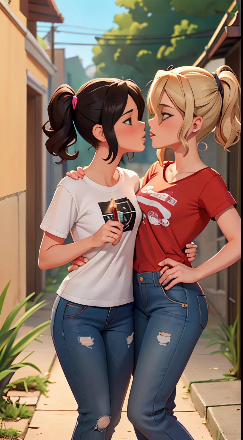 Two women having fun in an alley, lascivas: 1,2, Hentai: 1,2, NSFW: 1,2, mica lesbiana: 1,2, agarrando el, kissing each other, Sonrojadas, camiseta mojada sin mangas, pantalones cortos, gafas, Anatomically correct