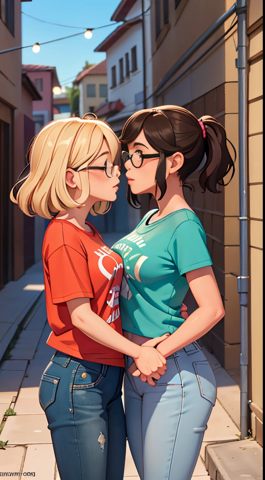 Two women having fun in an alley, lascivas: 1,2, Hentai: 1,2, NSFW: 1,2, mica lesbiana: 1,2, agarrando el, kissing each other, Sonrojadas, camiseta mojada sin mangas, pantalones cortos, gafas, Anatomically correct