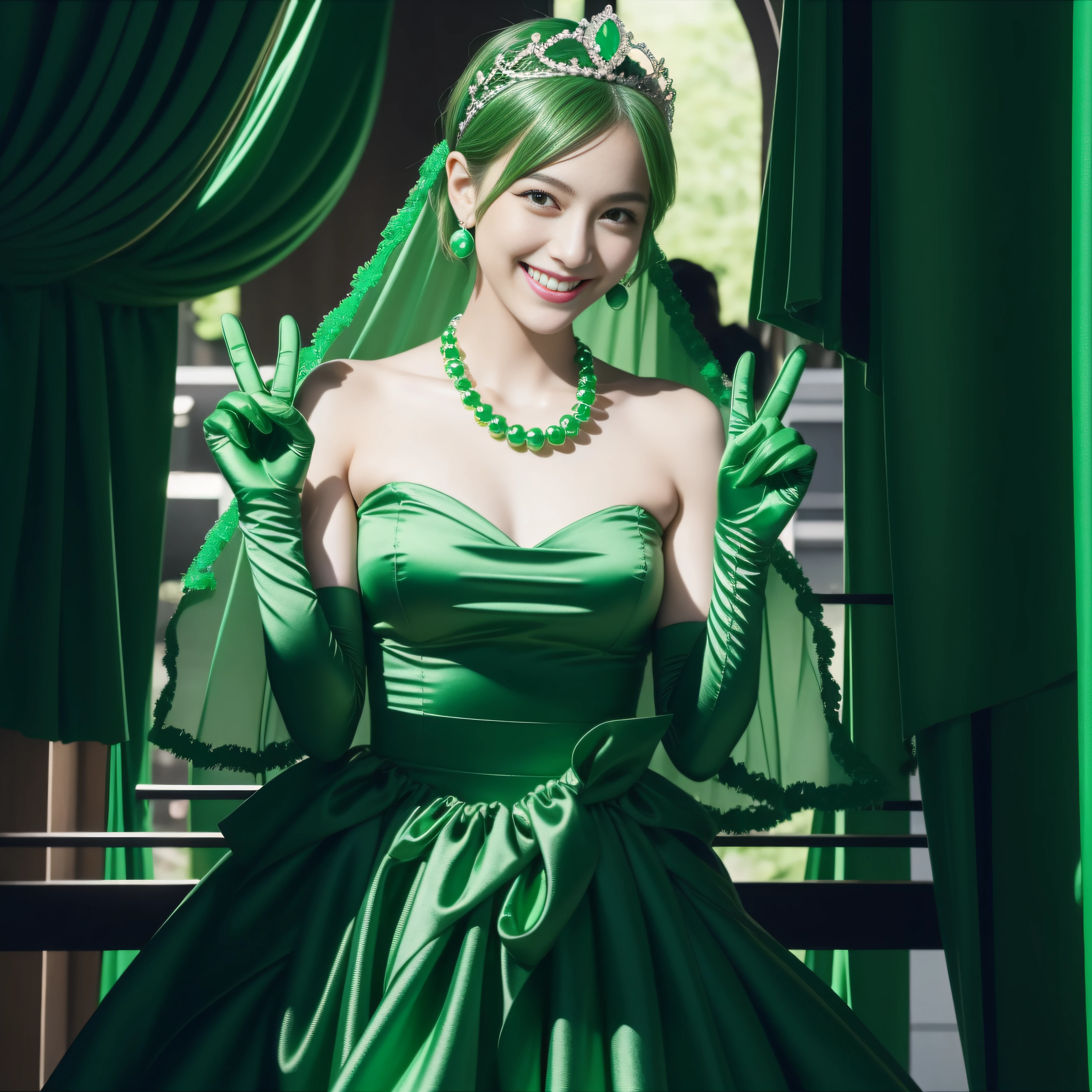 emerald tiara, Green Pearl Necklace, Boyish very short green hair, lipsticks, Japan woman smiling, very short short hair, big breasts beautiful, Green eyes, Long green gloves made of satin material, Green eyes, v sign,V-sign with both hands, Emerald Earrings