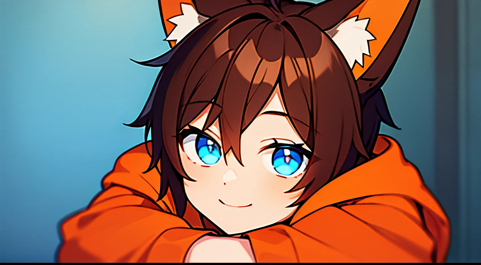 Boy with blue eyes, brown hair with an emo fringe, orange sweatshirt, orange fox ears smiling