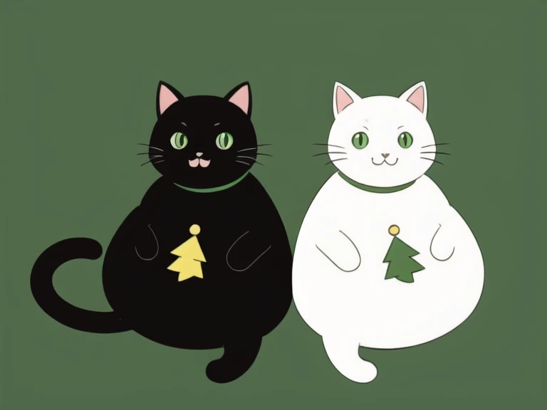a ((kawaii cat)) dress like an elf, tiny christmas tree, simple background, flat colors, chiaroscuro.