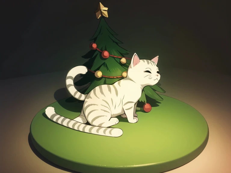 a ((kawaii cat)) dress like an elf, tiny christmas tree, simple background, flat colors, chiaroscuro.