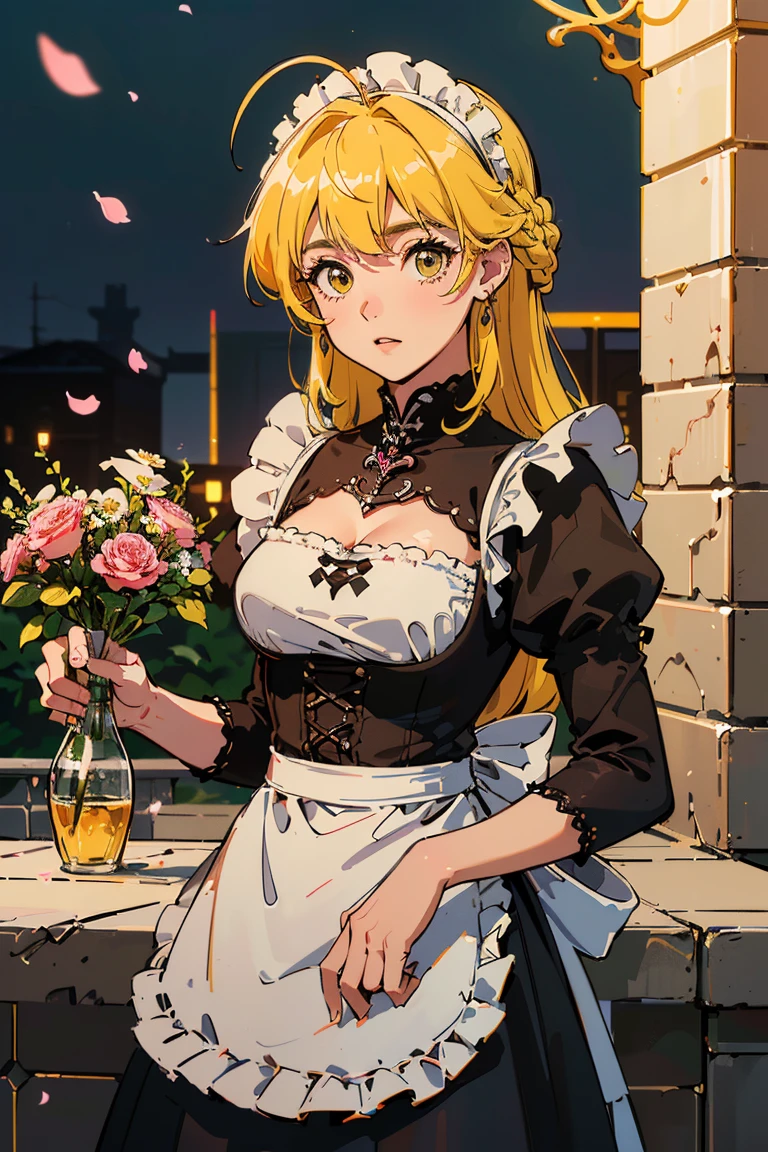 (((((((ruboroso,lindas mejillas,yellow hair，gothic maid apron with flower))))))，((1girl,solamente,asombroso,Linda chica coreana de raza mixta，Cara flaca,))(Obra maestra,La mejor calidad, Arte oficial, beautiful and aesthetic:1.2),((Disco duro,golden ratio,)) (16k),((sakura petals,pedazos de nieve)),(physically based representation),((((en un desierto,Por la noche,)))) (((HighDetailskin,)))，((corona de cabello)),((((Pelos detallados|Cabello Medio|Trenza francesa|nudo superior|cabello empapado|Cola de caballo lateral|Ahoge)))),Esbelto,Thicc,(masterpiece sidelighting),(El brillo),(cabello hermoso,Hermosos ojos,）[[dedos y manos delicados:0.55]::0.85],(Dedos de detalle),(((Calidad superior,)))),((Unbelievable ridiculous quality,)),((sumamente_Detallado_ojos_y_cara)),Chica de cine,(dynamic setting: 1.2),brillante, (fotorrealista), ((cinta rosa en el cabello)),Ultra-precise depiction, Ultra-detailed depiction