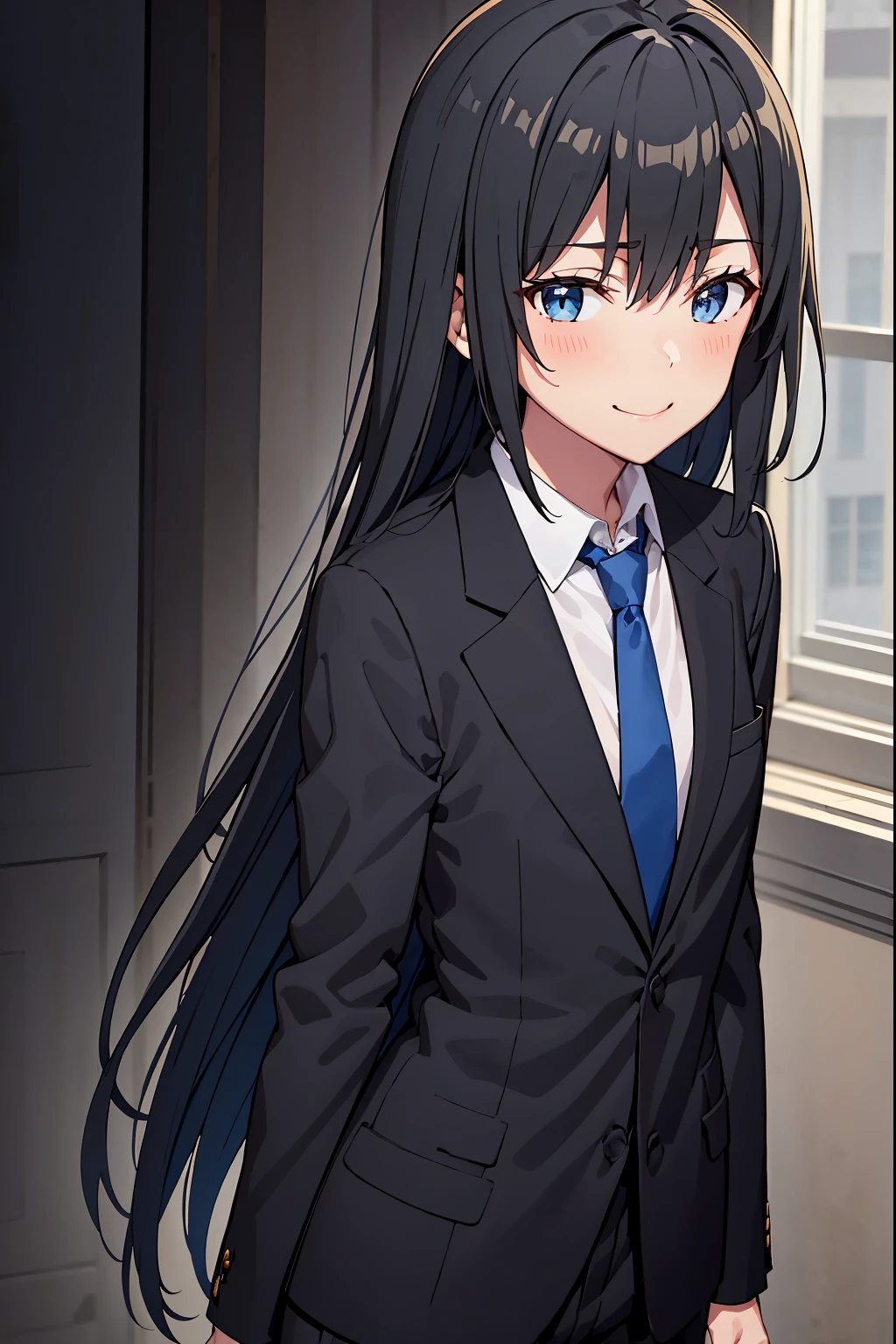 Yukinoshita Yukino wears a tuxedo coat, 1girl, Snafu anime, Female Butler, Elegant blue evening tie, collared shirt, bloomers, Black tail coat, Detailed background of the room, eyes blue, closed mouth, Smileing, A very sexy girl in a suit and tie is standing by the window, 1girl, 独奏, necktie, Black hair, eyes blue, long  hair, smile, jacket, looking at the scenes, shirt, bloomers, blue necktie, collared shirt, white pants, white shirt, indoors, explosions, long-sleeved, closed mouth, window, black jacket, blush, cowboy shot, ceremonial, Yukinoshita Yukino suit, A woman in a black suit and blue tie is standing next to the windowsill, 1girl, 独奏, necktie, eyes blue, jacket