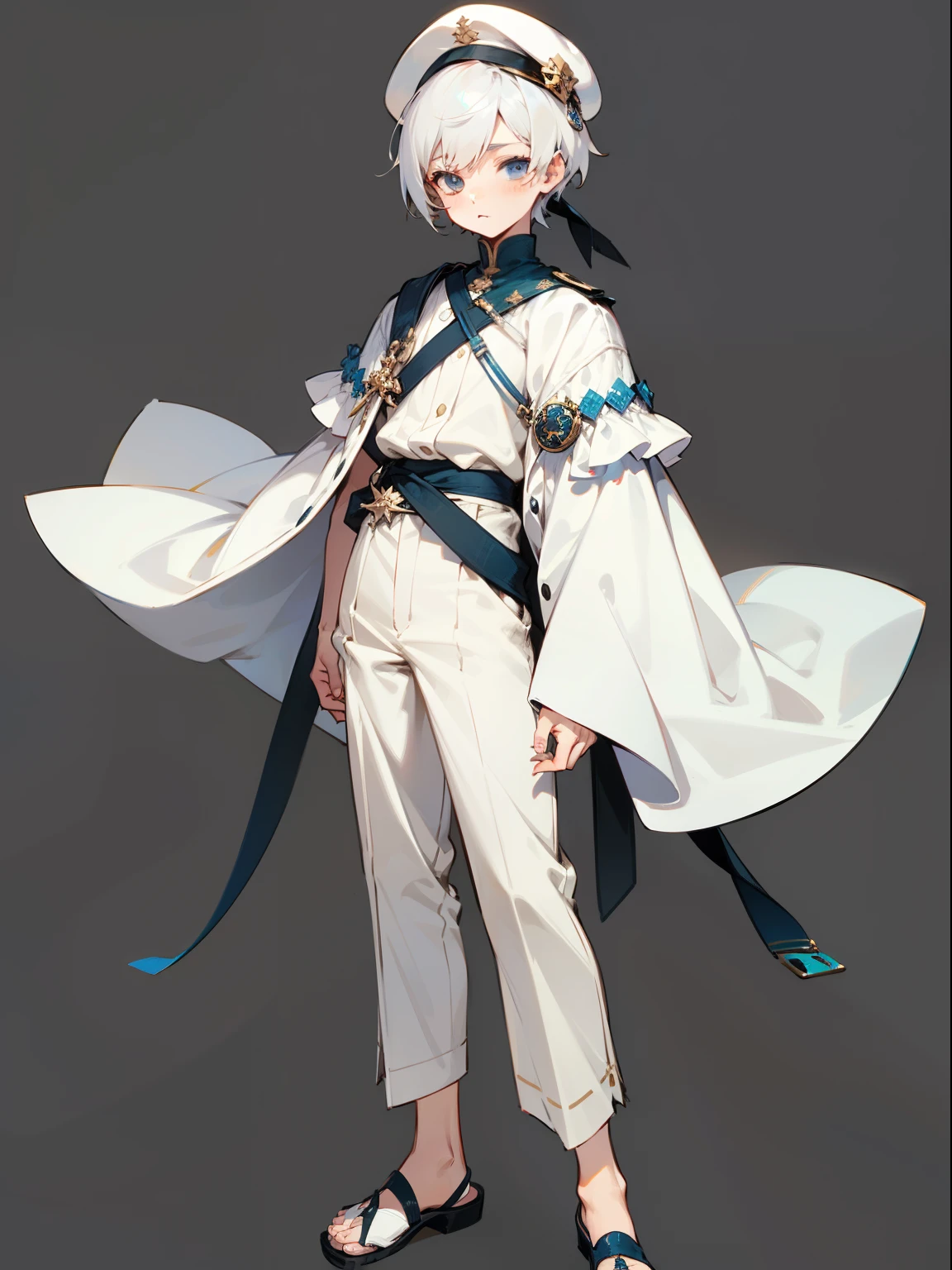 1boy, full - body, Young,short height, Dlrivery boy, white colored hair, with a simple cap, simple clothes