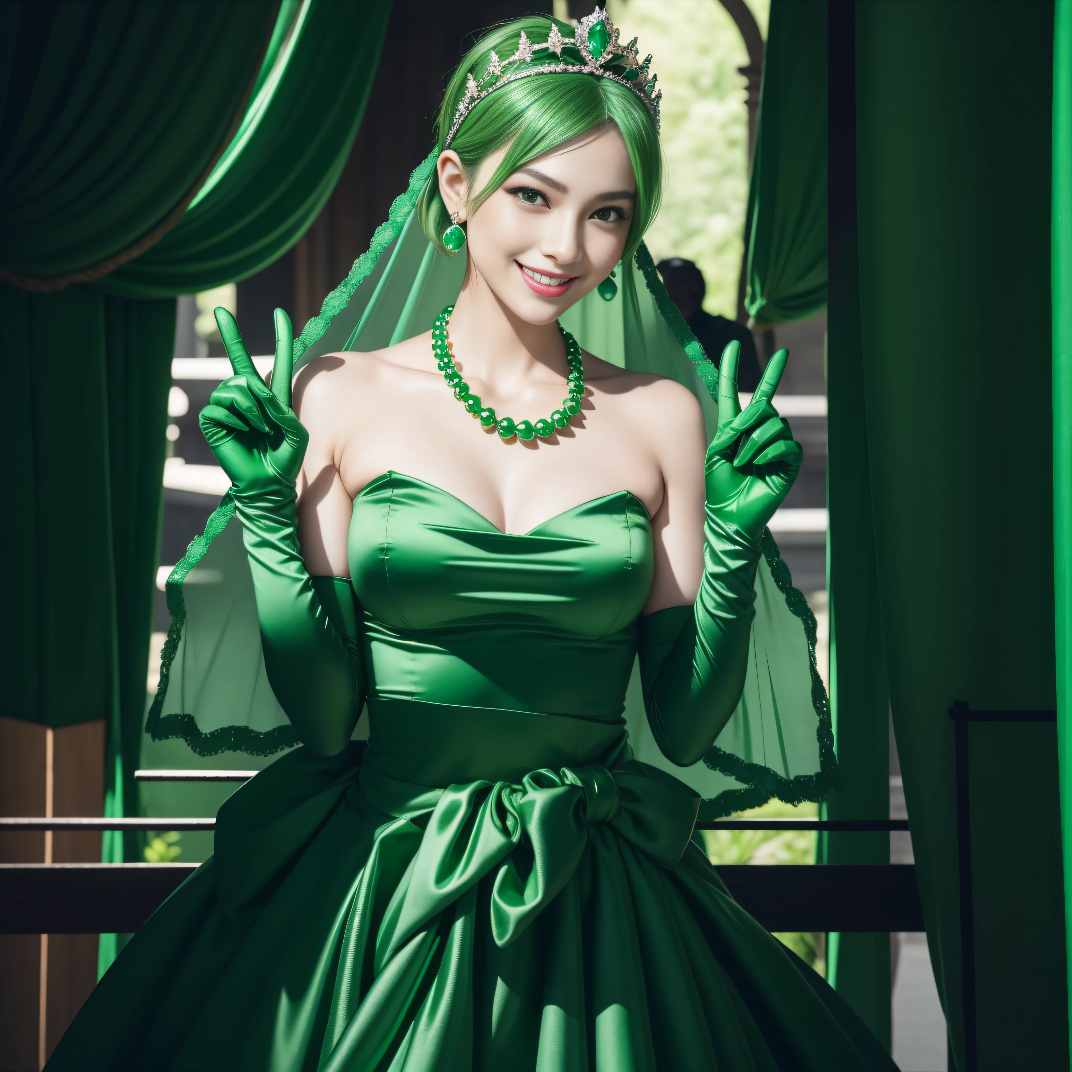 emerald tiara, green pearl necklace, boyish very short green hair, lipstick, smiling Japanese woman, very short hair, big breasts beautiful, green eyes, Long Green Satin Gloves, green eyes, V sign, emerald earrings, green veil, green lip gloss