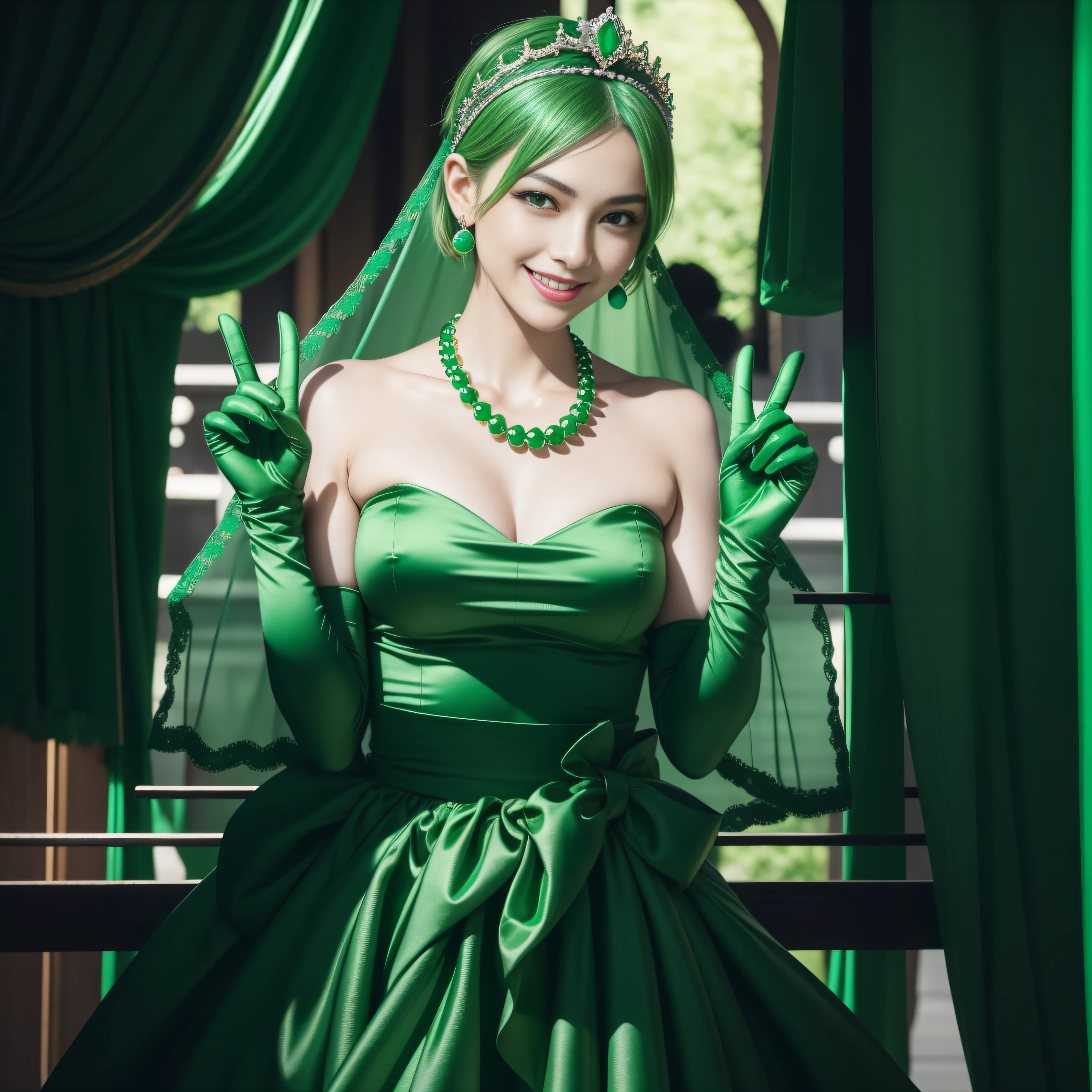 emerald tiara, Green Pearl Necklace, Boyish very short green hair, lipsticks, Japan woman smiling, very short short hair, big breasts beautiful, Green eyes, Long green gloves made of satin material, Green eyes, v sign,V-sign with both hands, Emerald Earrings