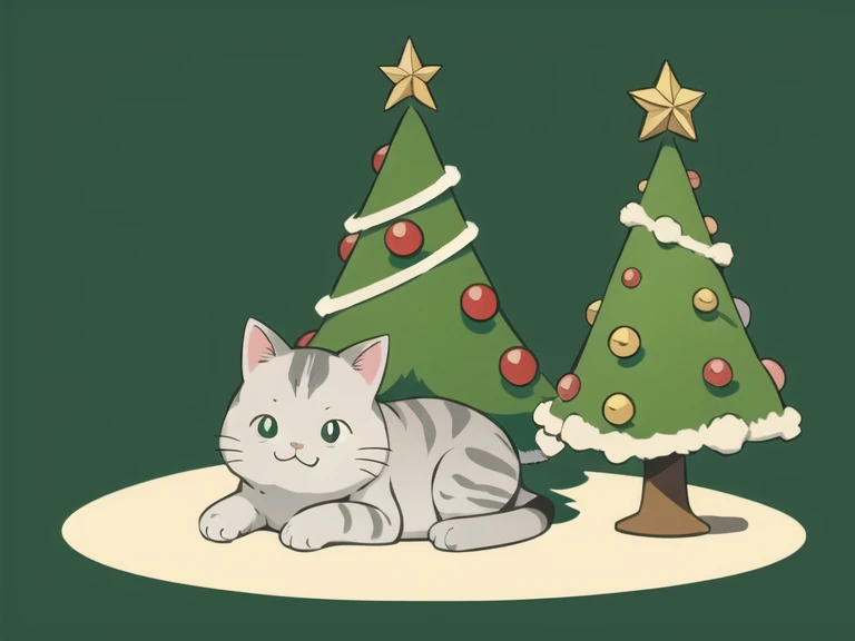 a ((kawaii cat)) wearing an elf costume, tiny christmas tree, simple background, flat colors, chiaroscuro.