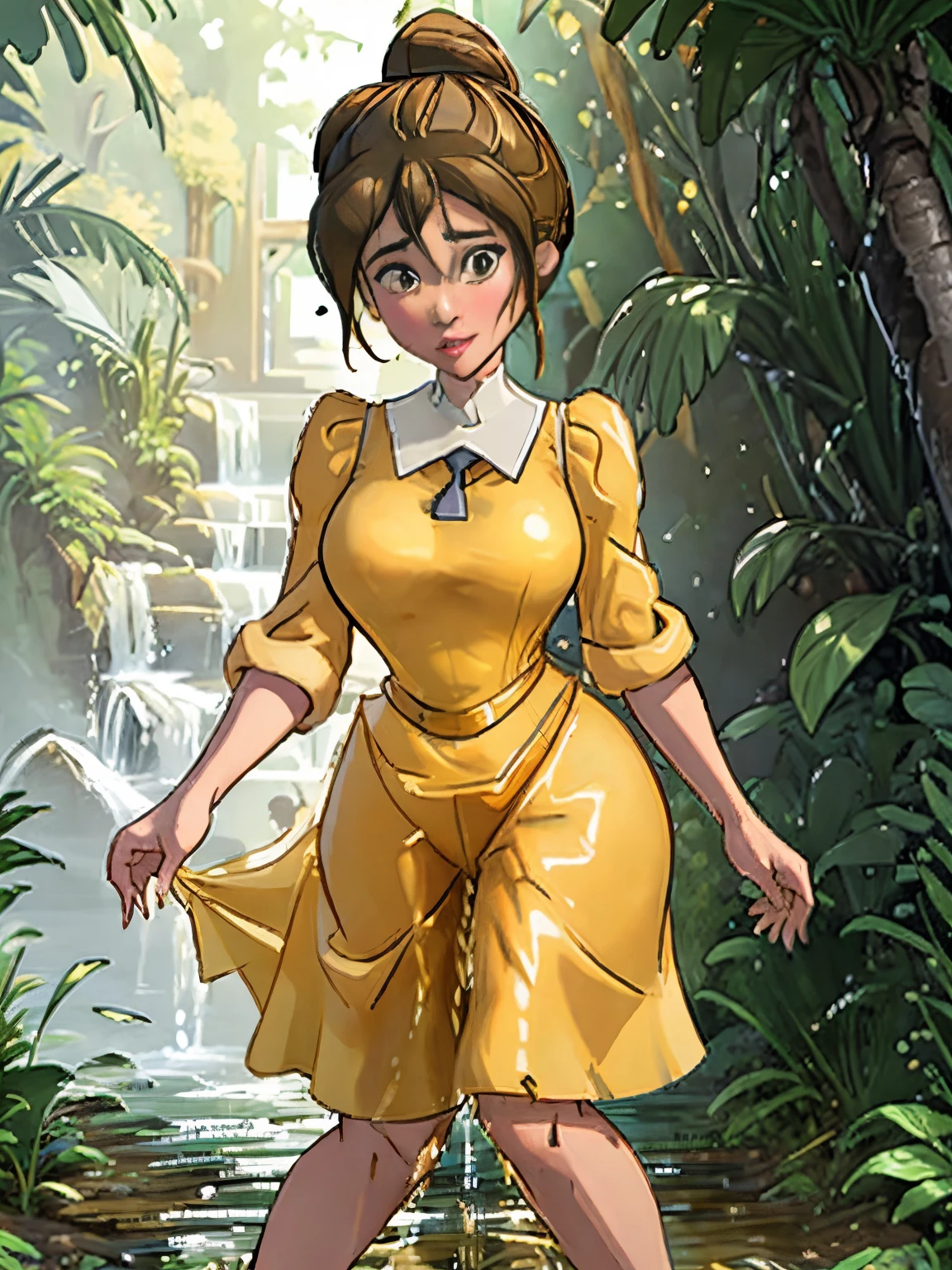 cowboy shot, 3d digital art style, (JaneWaifu), (yellow dress, single hairbun), surprised, cute, cute pose, looking at viewer, thick shiny thighs, 1980s style, 1girl, Full-body figure, retro artstyle, looking at viewer, solo, big tits, big_breasts, jungle waterfall in the background, (desperately have to pee, pee, peeing, wetting self), ((effen pee stain))