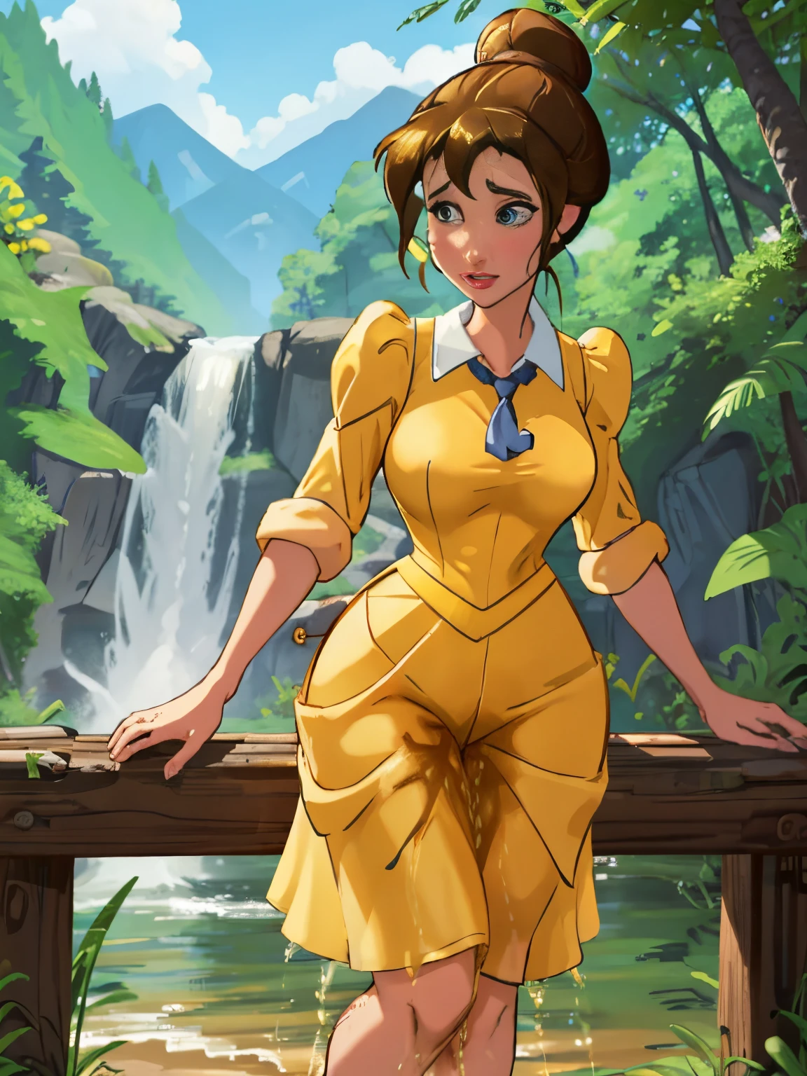 cowboy shot, (JaneWaifu), (yellow dress, single hairbun), surprised, cute, cute pose, looking at viewer, thick shiny thighs, 1980s style, 1girl, Full-body figure, retro artstyle, looking at viewer, solo, big tits, big_breasts, jungle waterfall in the background, (desperately have to pee, pee, peeing, wetting self), ((effen pee stain))