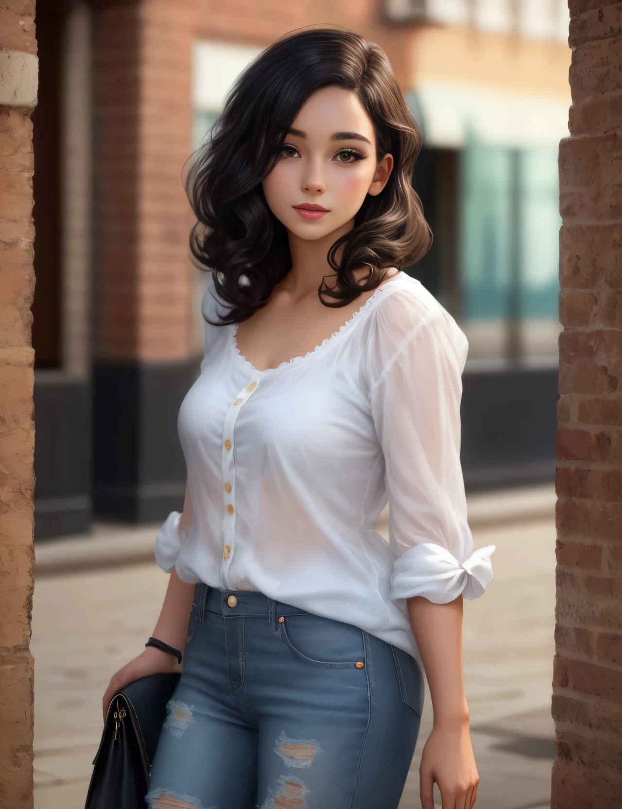 realistic girl, con pelo negro, cabello largo, sexy