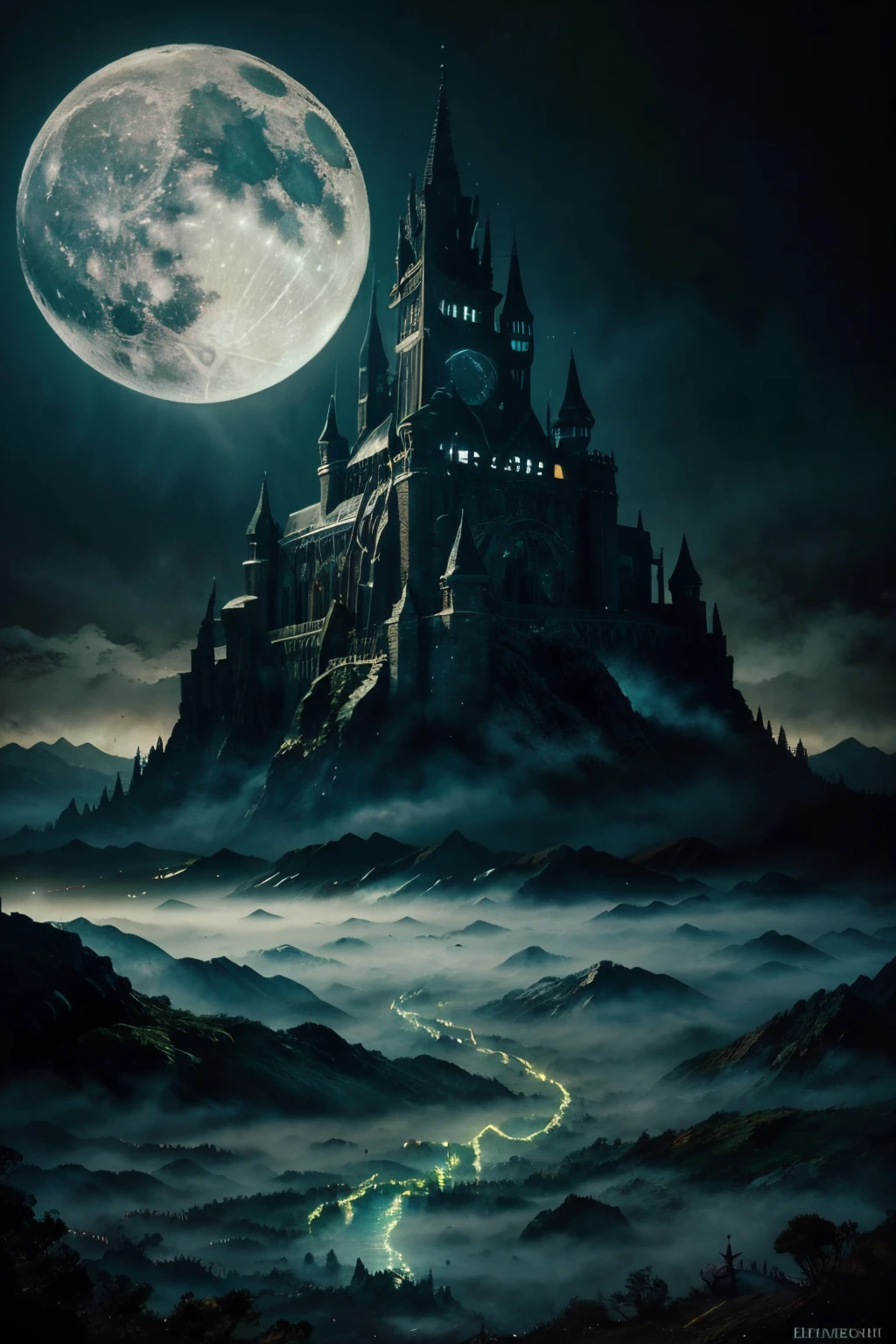 Lost Land of otherworldly dreams, fantasy, magic, watercolor, ink, acrylic, double exposure, mythological, great detail, mid-night, moon, fog, gothic gloom, art on a cracked paper, storybook detailed illustration, cinematic, ultra highly detailed, tiny details, beautiful details, mystical, luminism, vibrant colors