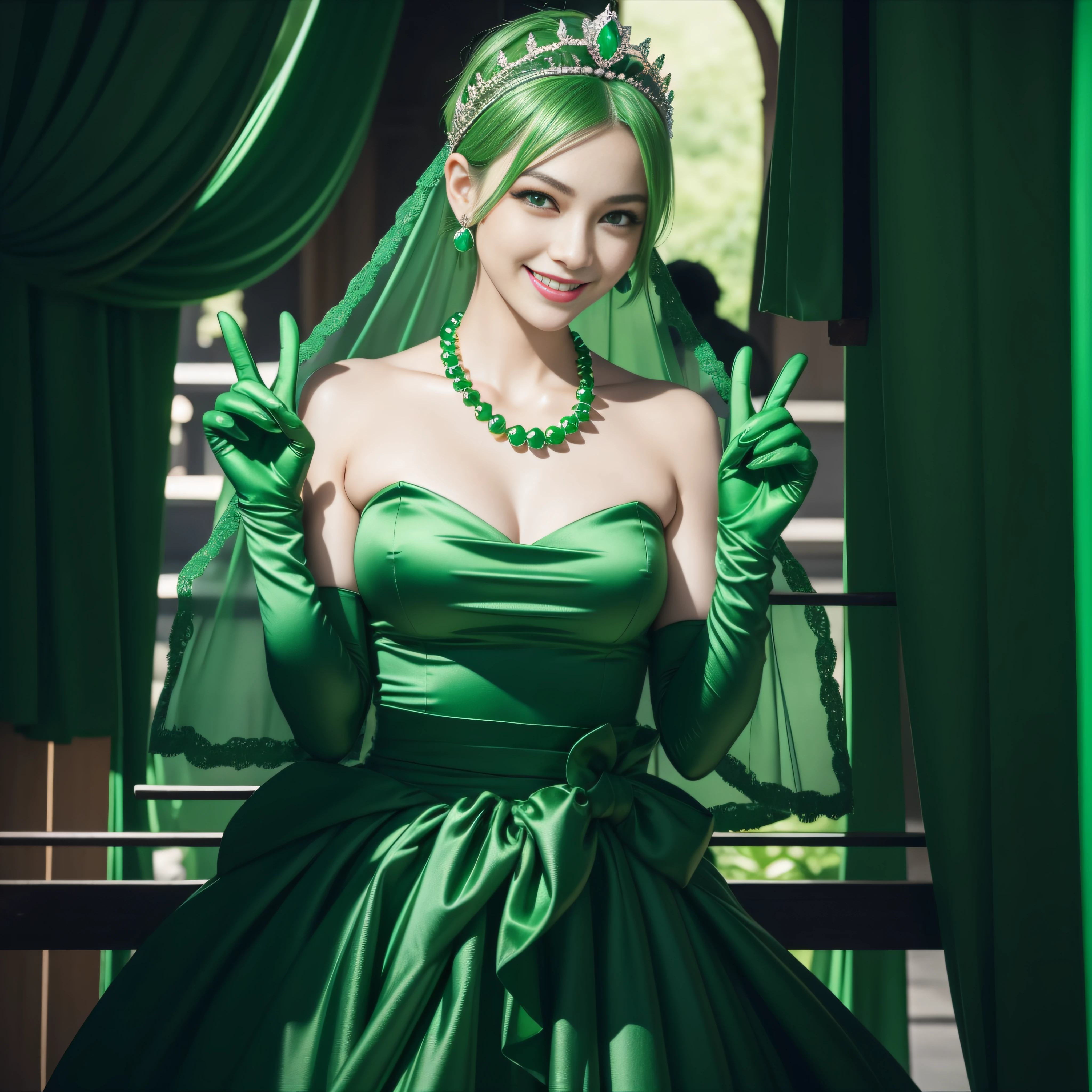 Emerald tiara, Green Pearl Necklace, Boyish very short green hair, lipstick, Smiling Japanese woman, Very short hair, big and beautiful, Green Eyes, Long green satin gloves, Green Eyes, v sign, emerald earrings, Green veil
