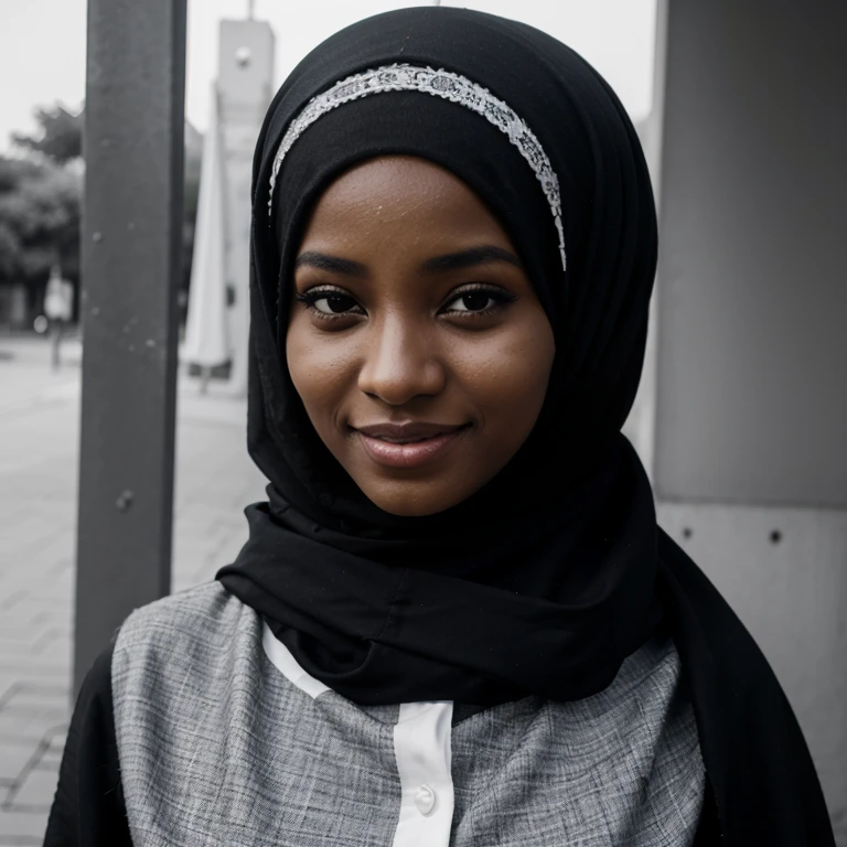 (Cute teen glamour model), gorgeous teen, ebony skinned arab, head and shoulders focus, youthful, young, teen, teenager, (looking at the camera), outdoor lighting, huge breasts, hijab, thin, skinny, dainty, delicate, no bra, black abaya dress
