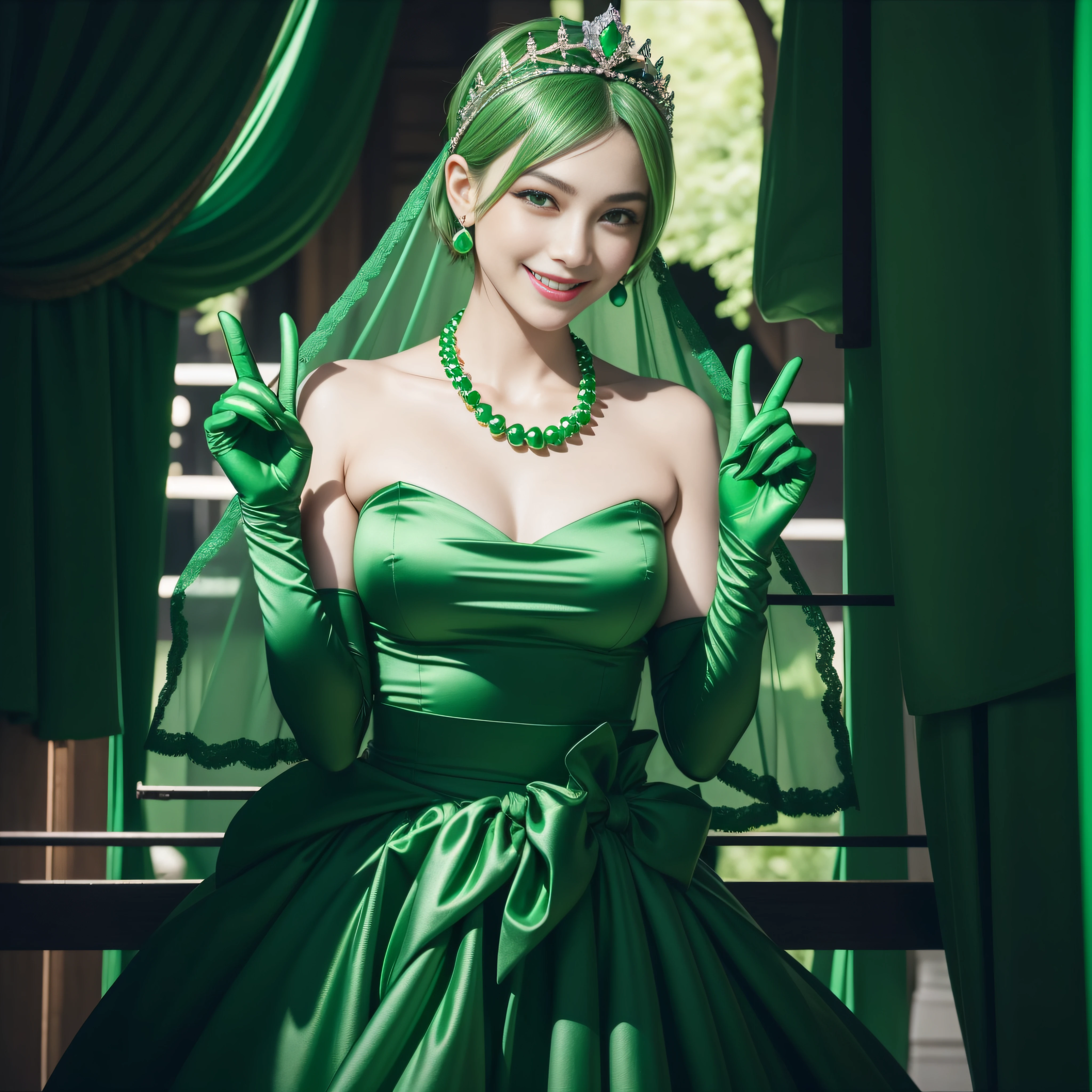 emerald tiara, green pearl necklace, boyish very short green hair, lipstick, smiling Japanese woman, very short hair, big breasts beautiful, green eyes, Long green satin gloves, green eyes, V sign, emerald earrings, green veil