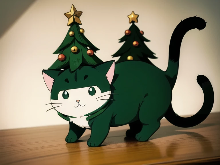 a ((kawaii cat)) wearing an elf costume, tiny christmas tree, simple background, flat colors, chiaroscuro.