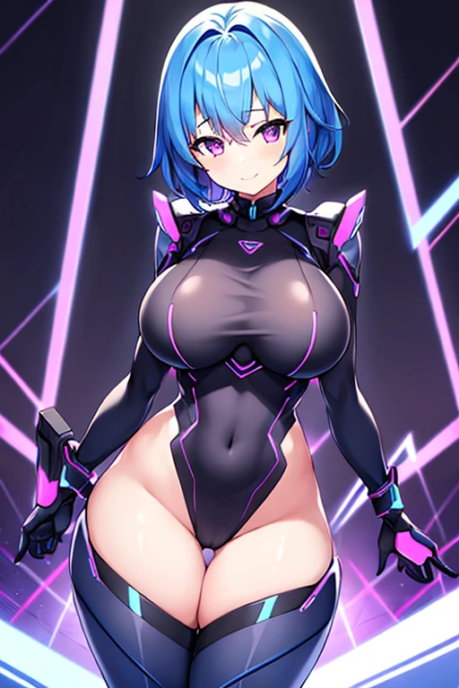 1girl, wide hips, thick thighs, breasts, large breasts, futuristic, tech, science-fiction, machinery, blue hair, very short hair, purple eyes, light smile, smile, bodysuit, black bodysuit, neon trim, pntyhose, thighhighs, blue neon trim