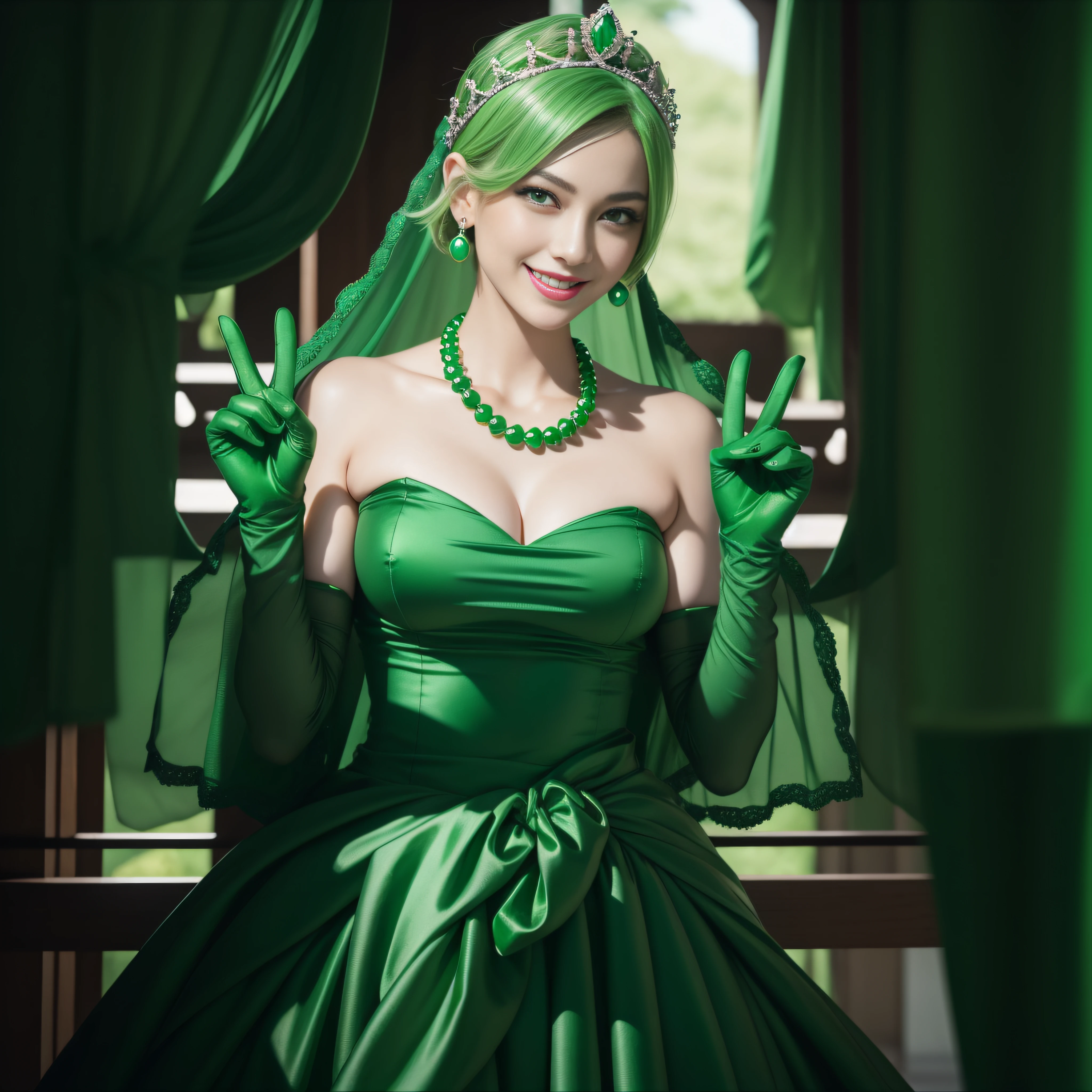 emerald tiara, Green Pearl Necklace, Boyish very short green hair, lipsticks, Japan woman smiling, very short short hair, big breasts beautiful, Green eyes, Long green gloves made of satin material, Green eyes, Emerald Earrings, green vale, v sign