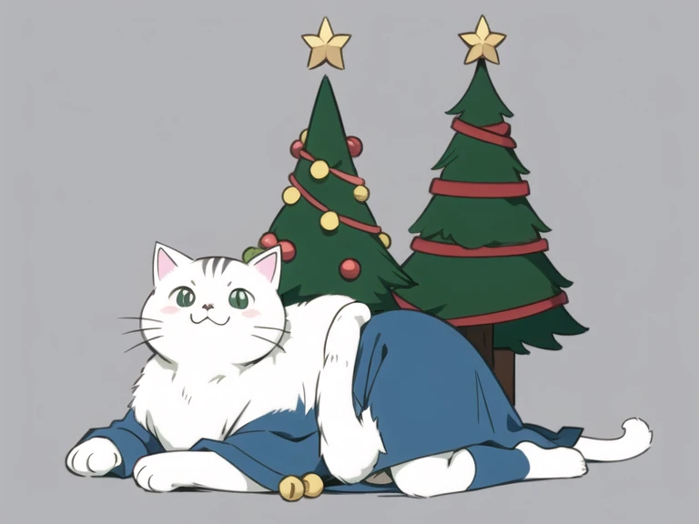 a ((kawaii cat)) dress like elf, tiny christmas tree, simple background, flat colors, chiaroscuro.