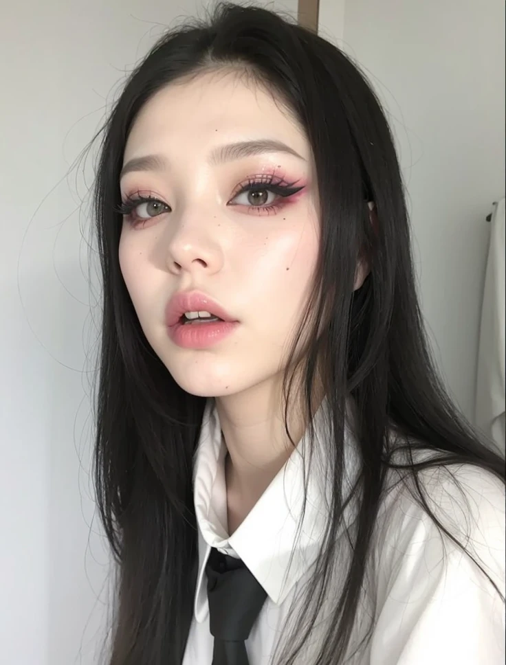 Hay una mujer con corbata y camisa blanca, cruel korean goth girl, Estilo de Junji Ito, pale goth beauty, Cara sexy con maquillaje completo, maquillaje popular de Corea del Sur, 1 7 - year - old goth girl, Korean symmetrical face, pale porcelain white skin, maquillaje coreano popular, pale fair skin!!, Goth makeup, goth girl aesthetic