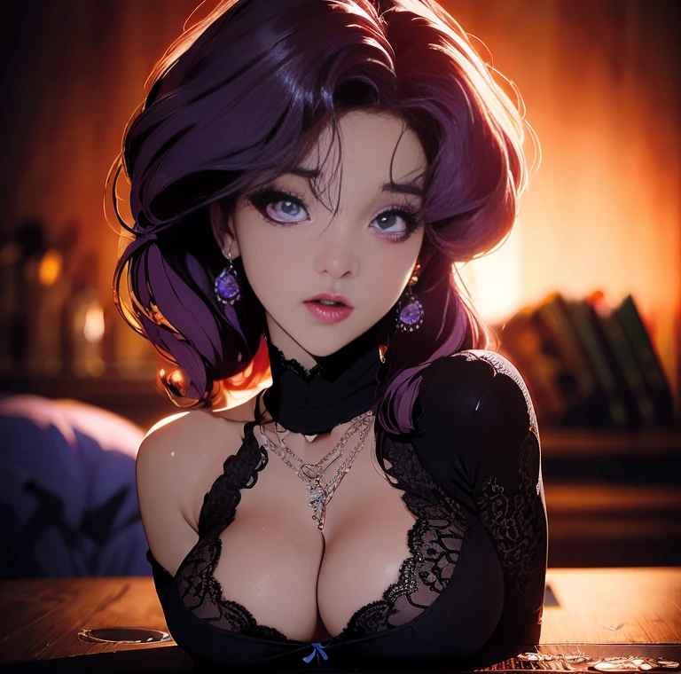 (ultra-detailed,photorealistic:1.2), HDR, professional, vivid colors, bokeh, 3D rendering, sexy curvy girl, solo, purple hair, ahegao face, big boobs, sensual, seductive pose, soft lighting, lace lingerie, high heels, boudoir photography, glamorous, confident expression, alluring gaze