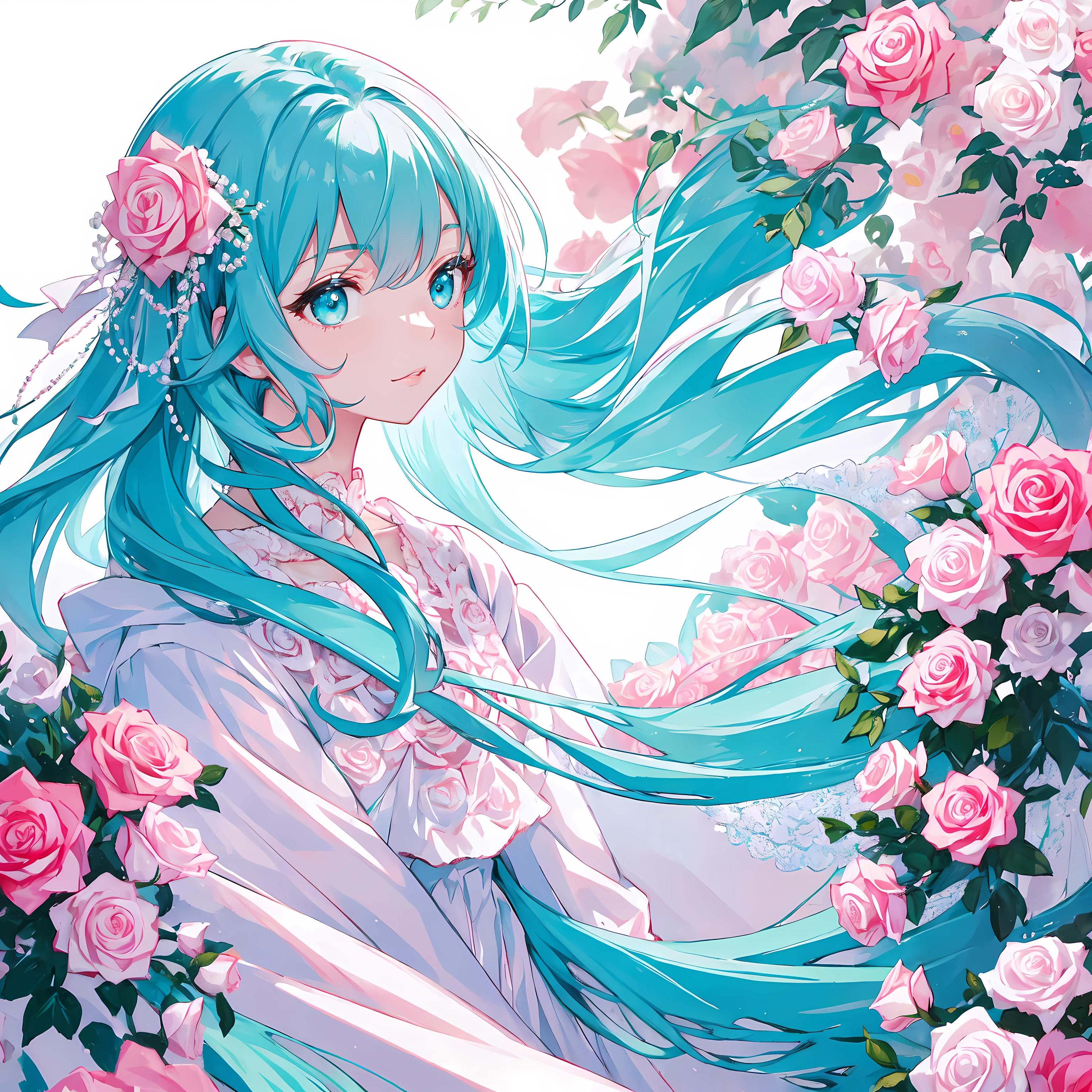 ((tmasterpiece)), hiquality, super detailed, rose hair + white clothing: 1.2,middle-aged girl, perfect figure, surrounded by roses, Bright bright colors, pearl white background, romantic long hair, natural light, warm and sweet, Cyan eyes, flower hair decoration.