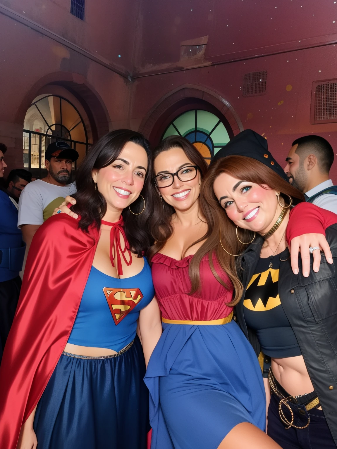 three women in costume posing for a photo, Super heroes, dia das bruxas, Cosplay, super herois, Noite de Halloween, festa industrial, Trajes, imagem de perfil, Directed by: Nandor Soldier, vestindo uma capa de barca, by Amelia Peláez, 1614572159, super hero, andrea rocha, d & d partido