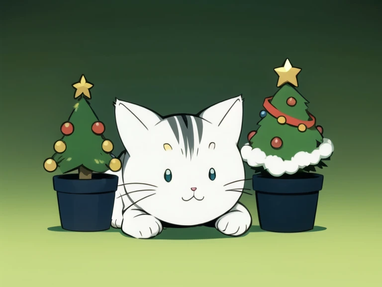 a ((kawaii cat)) dress like elf, tiny christmas tree, simple background, flat colors, chiaroscuro.