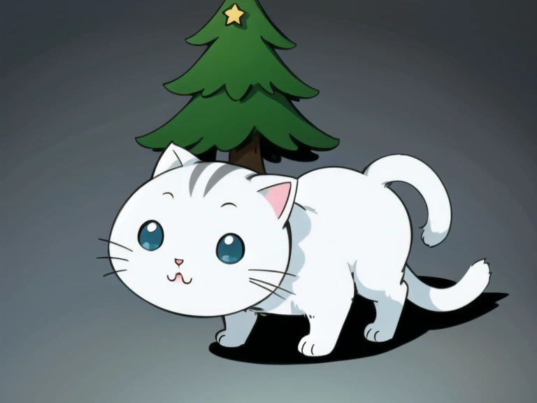 a ((kawaii cat)) dress like elf, tiny christmas tree, simple background, flat colors, chiaroscuro.