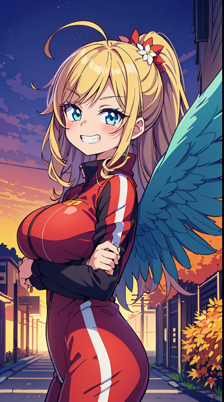 (Absurd realistic structure details),(High resolution complex and detailed text quality),(High-resolution microstructure、High poly 3 boobs boobs boobs boobs D rendering correction),Methods of geometry,Careful explanatory anatomy,
BREAK,
1 beautiful girl, girl with, (Cute:1.5),(Chibi:0.5),(kawaii:2.0),(Lori:2.0),(12 year old girl),(large full breasts:1.65),(Ahoge,High Ponytail,Blonde hair, blue bow, Green eyes,eyebrows visible through hair,side locks,Parted bangs,Long hair, Hair Flower, Hair Ornament, Curly hair,Bow:1.4),:D,(Angel,White feathers, one white winged, Angel wings,Spread wings, Glowing wings),pitt \(??? Icarus\),gleaming skin, Clear skin, shining beautiful skin, Open mouth,Smile, Solo, tusk, Upper teeth,(long eyelashes, Double eyelids:1.2),Solo,gleaming skin, Clear skin, Beautiful skin,(best quality face),(Top quality glowing eyes),(The best smile,grin:1.45),
BREAK (Yellow tracksuit, black line on the side, Yellow tracksuit with black lines on the sides, Bruce Lee, Lei Siu Long)1.3,
BREAK,(Sunrise), (There is a picture of a road made of electric wires and poles..........., country scenery, Anime Background Art, Anime landscapes, very detailed illustration.", anime style cityscape, style of makoto shinkai, anime backgrounds, Anime landscapes, in the style of makoto shinkai, painted in anime painter studio:1.3),Waterfall,depth of fields,a closed mouth,(Osaka in Autumn:1.55), blush, (Fighting stance, nunchaku)1.4, (fighting poses:1.2),
BREAK, (Dynamic Angle,from the front side:1.2), wakame,wakame,wakame,
BREAK,(Blurry background:1.3),(absurderes, hight resolution, Super Detail Art),cel shading,Clear Color, Lonely optical effect, Beautiful pictures, Bright glow, mystic atmosphere,(Close-up of girl:1.1), (Bright glow, Light particle effect, light leaks, Aerial effects:1.1), clean line drawings,Clear Color, Beautiful pictures,