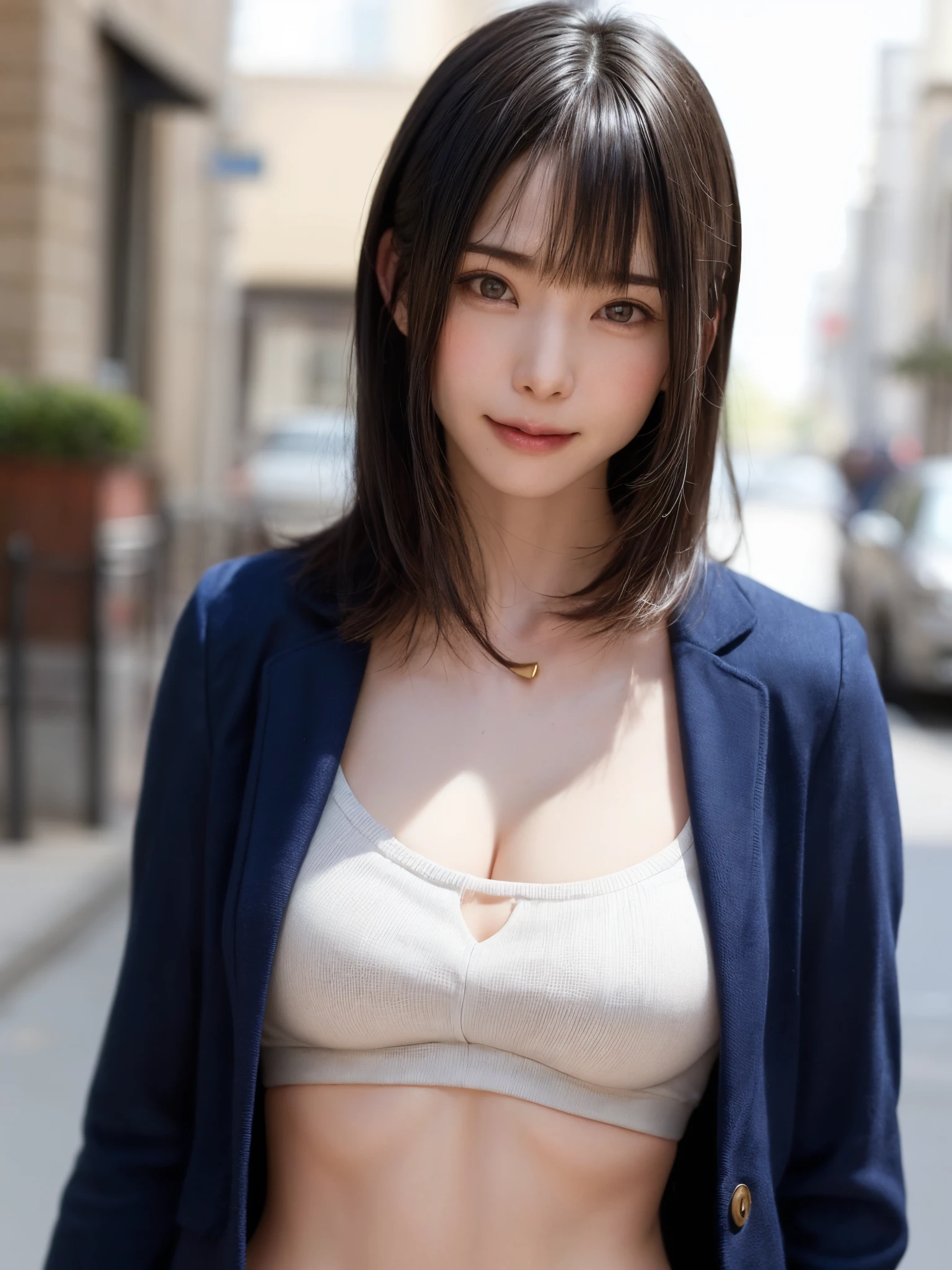 (Face Focus、Very eye focus、Head tilt、Very chest focus、underboob、mid-riff peak、hyper realisitic、Photorealistic、masutepiece:1.4, top-quality:1.4、Add intense highlights to the eyes:1.4、short shiny hair:1.4 ),1girl in, 独奏, short dark hair, scarf, Hats,, realisitic, looking at the viewers, brown eyes of light color,, shorth hair, coat, Winter clothes, White headscarf, s lips, lipgloss:1.4，bangss,a closed mouth, The upper part of the body、big eye、Lashes、((Street))、(((Shorthair with bangs:1.4、big eye、Put very strong highlights in your students、{Gigantic|Big|Huge|Mega} breasts, cleavage、very Bigger breasts、gazing at viewer、Very beautiful beauty、Put your ears out、long neck、little smiling、Close your mouth and smile、Beautiful teeth)))、Beautiful adult woman full of charm:1.4、(Autumn leaves are blue without people or cars々tree-lined street)