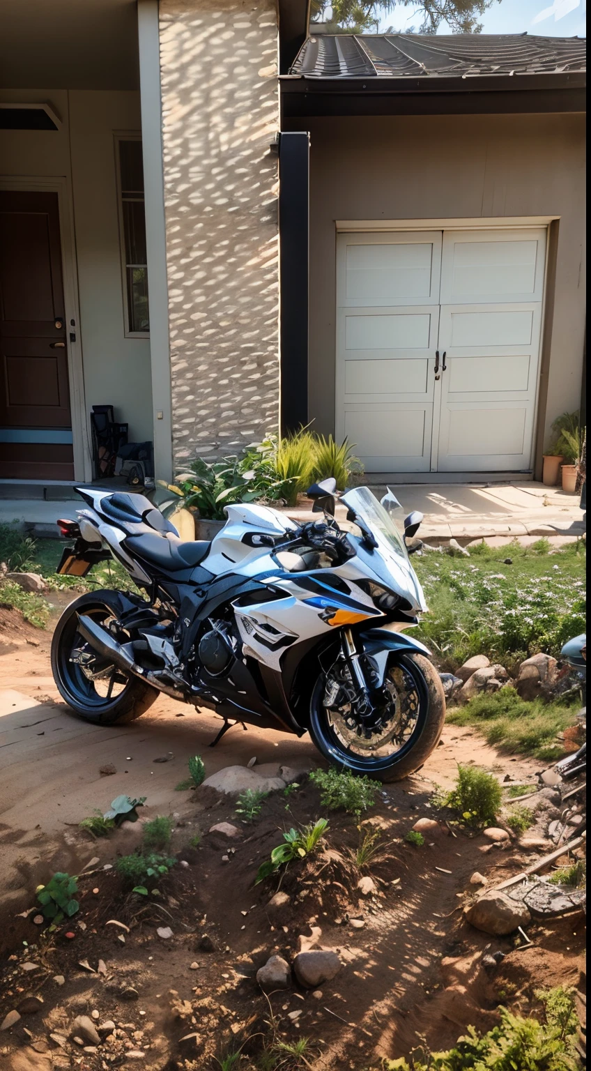 there is a motorcycle parked outside of a house in the dirt, r6, front side full, f32, f 3 2, modern minimalist f 2 0 clean, full device, motorbike, dang my linh, front side view, front profile, front side, translucent sss, motorcycle, side front view, unreal enging, f42, full pose