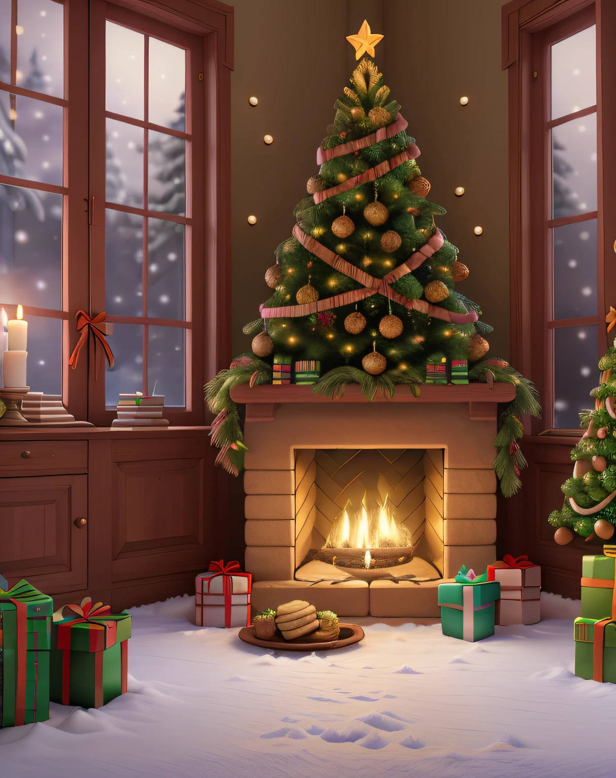 (best quality,4k,8k,highres,masterpiece:1.2),ultra-detailed,(realistic,photorealistic,photo-realistic:1.37),Disney Pixar Christmas setting,indoor house decoration for Christmas,warm and cozy atmosphere,picturesque surroundings,colorful lights and ornaments,delicate snowflakes filling the air,sparkling Christmas tree,chimney with crackling fire,wrapped presents under the tree,magical snow globe on the table,festive holiday music playing softly,cosy armchair and soft blanket,fluffy Christmas stockings hanging on the mantle,aroma of freshly baked cookies and hot cocoa,gleaming ornaments reflecting the warm light,christmas wreath on the door,joyful atmosphere filled with laughter and cheer,windows adorned with frost patterns,faint glow from the street lamps outside,flickering candlelights adding a magical touch,excitement and anticipation filling the air,peaceful and joyful ambiance,lovingly decorated fireplace mantle,glowing fireplace casting a comforting glow,traditional mistletoe hanging from the ceiling,festive garlands and fairy lights draped around the room,shimmering tinsel and colorful baubles,crisp winter air enhancing the holiday spirit,woman dressed in a cozy sweater and festive attire,smiling face radiating warmth and happiness,joyful expression as she opens the Christmas gift,sparkling eyes filled with excitement and surprise,happy memories and cherished traditions,memorable and heartwarming moments captured in this scene.