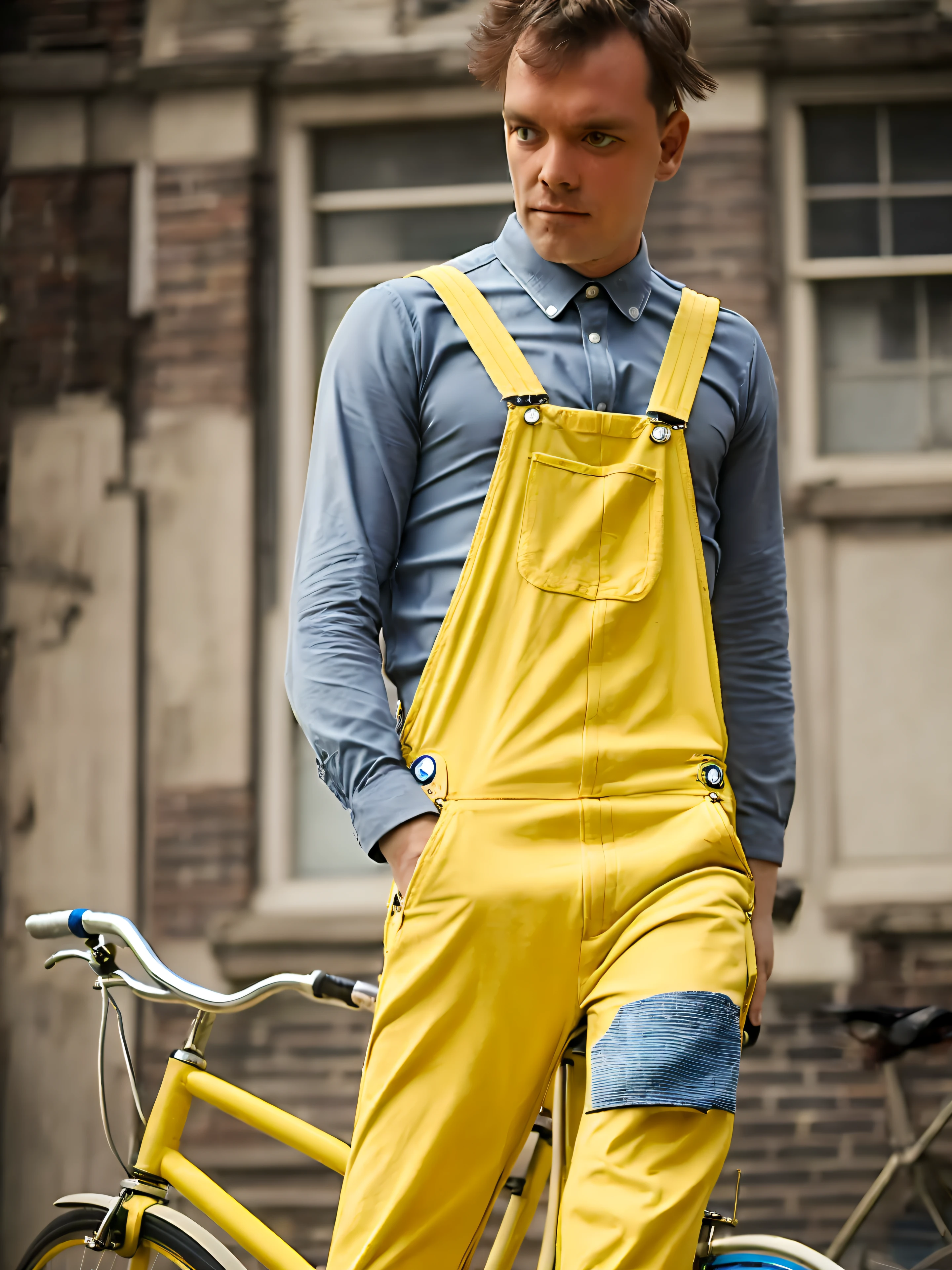 1man, male focus, rick youngones, photograph, ultra realistic, upper body, riding a child's bicycle, looking at viewer, aggressive, yellow dungarees, badges,