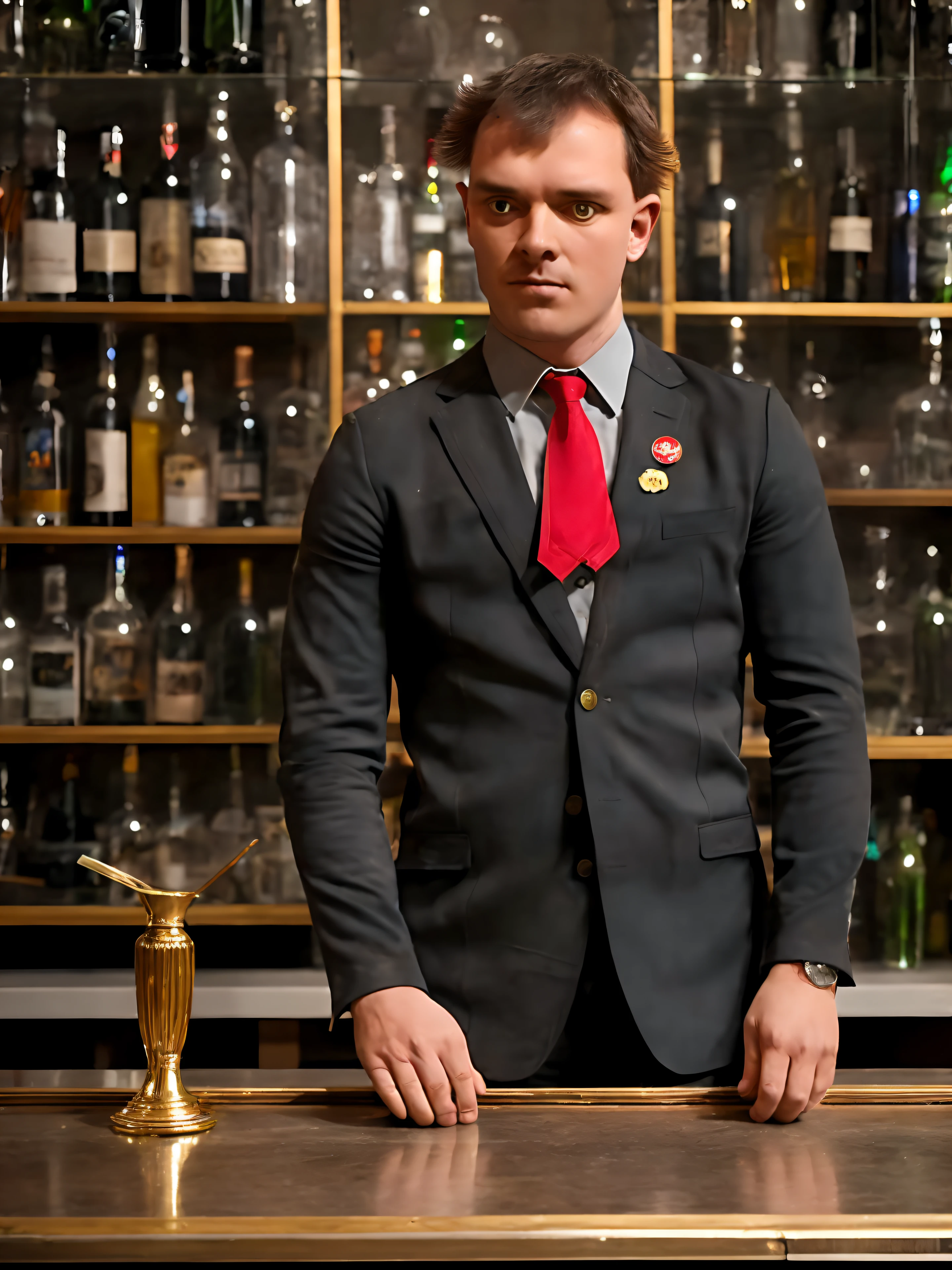 1man, male focus, rick youngones, photograph, ultra realistic, upper body, in a bar, looking at viewer, aggressive, black blazer, badges, grey shirt, red tie, red pixie boots