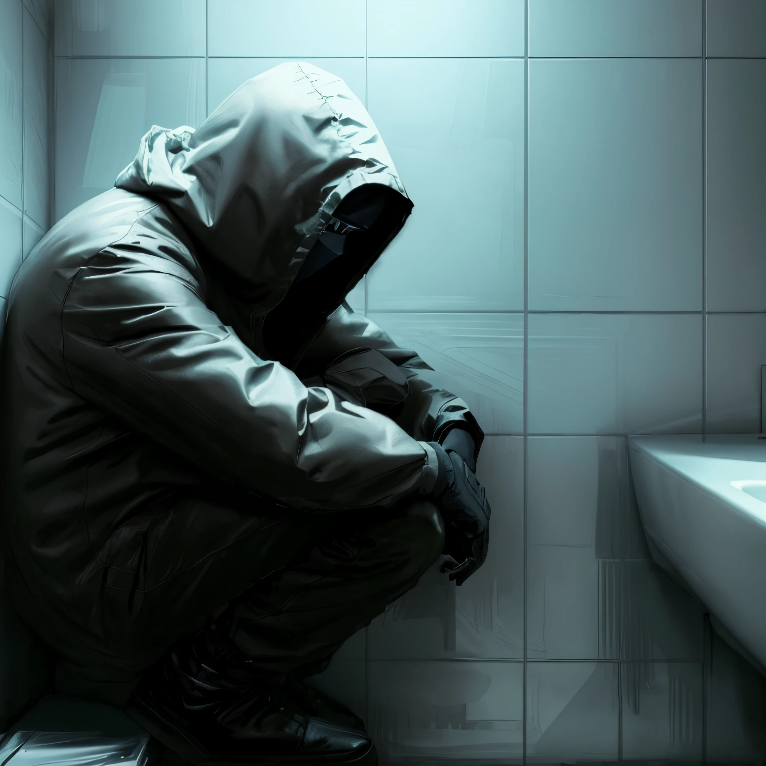 arafed man in a hooded jacket sitting on a toilet in a bathroom, wallpaper - 1 0 2 4, dark. no text, profile picture 1024px, hooded figure, masked person in corner, sitting down, sad man, alex andreev, man sitting facing away, faceless people dark, hard light digital painting, very sad