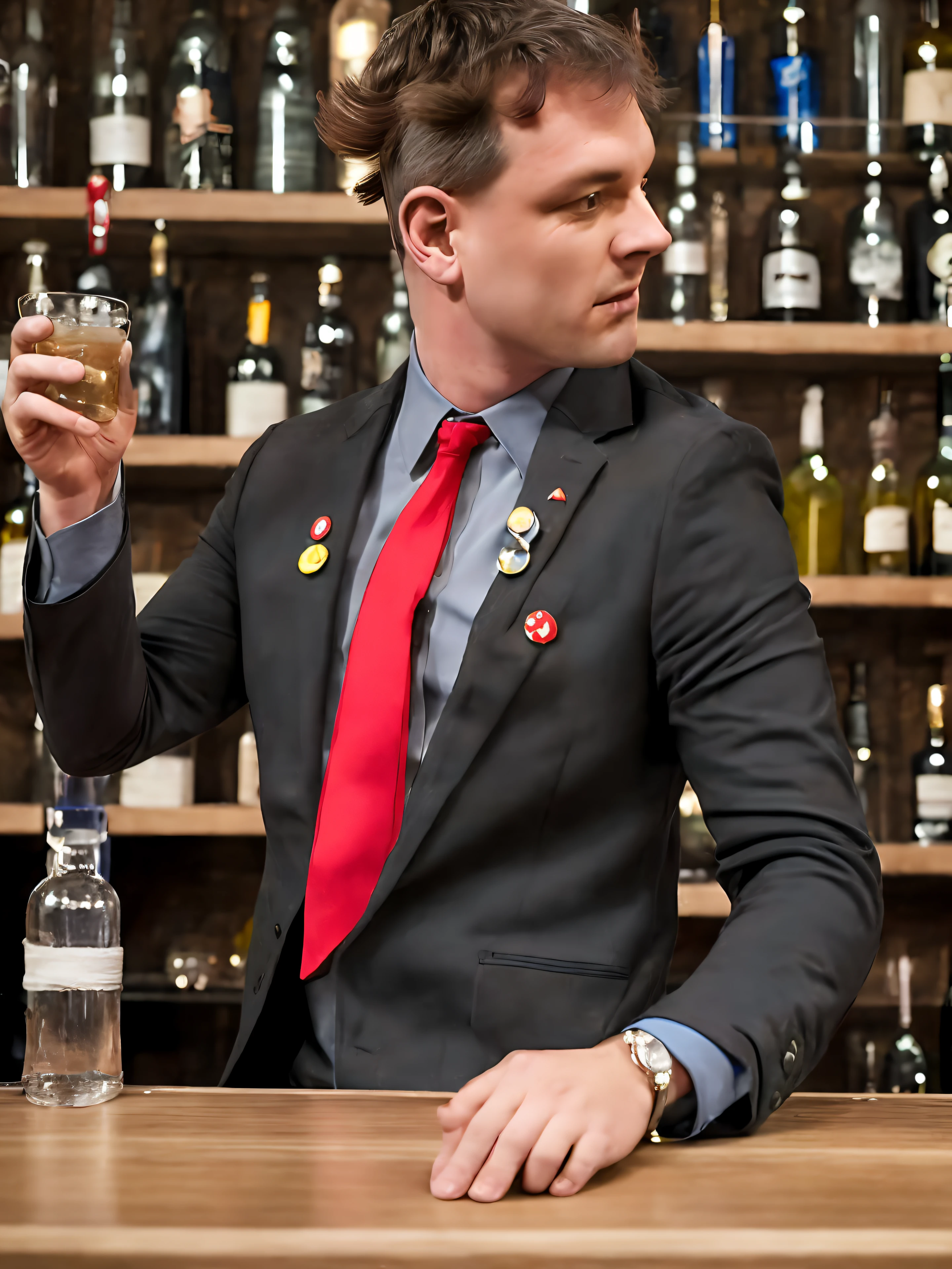 1man, male focus, rick youngones, photograph, ultra realistic, upper body, in a bar, looking at viewer, aggressive, black blazer, badges, grey shirt, red tie, red pixie boots