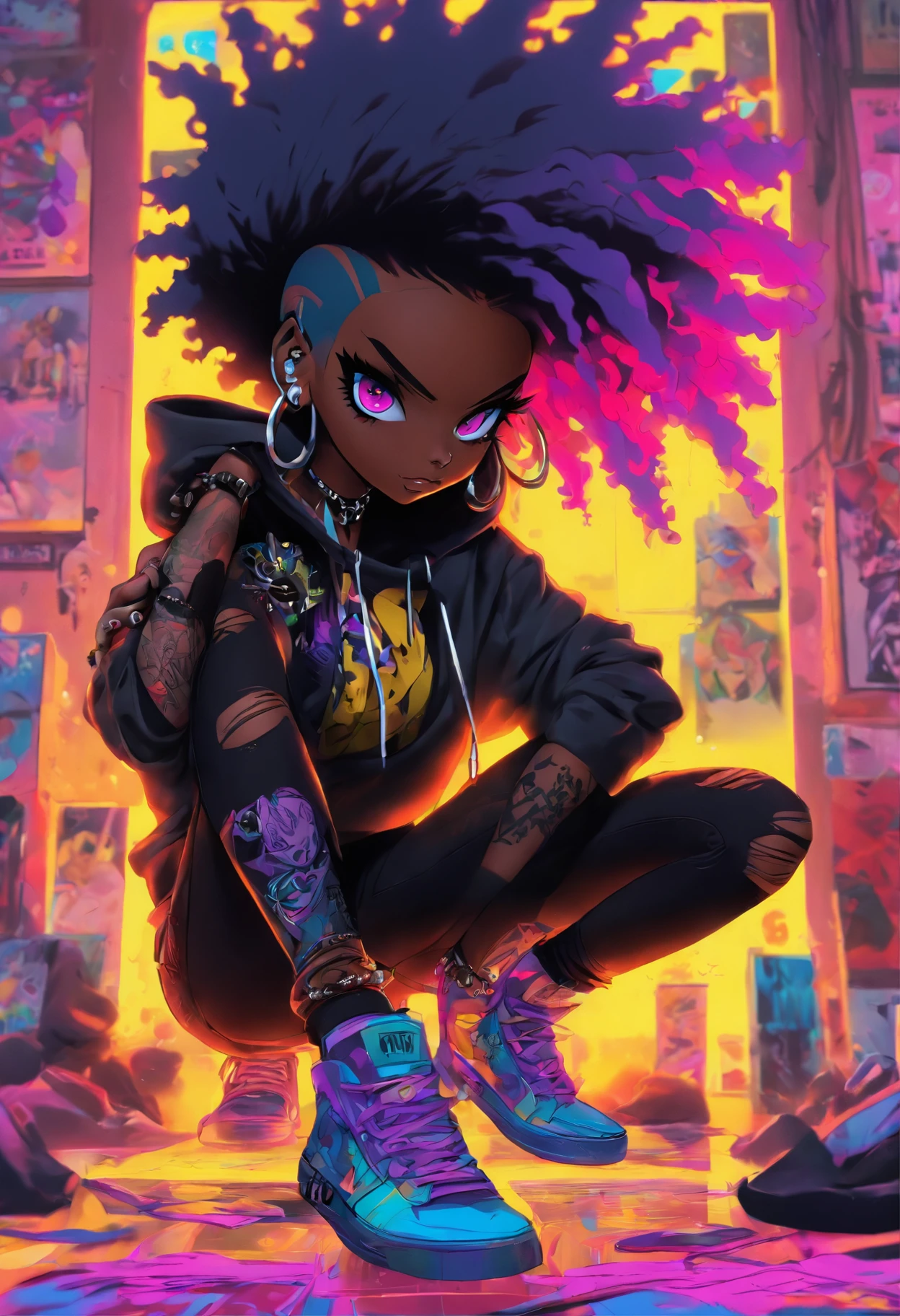 The most beautiful and sexy punk rock girl, black Afro, black and purple, blue hair, yellow eyes, dark skin, (full body concept), wearing a hoodie, Graphic design jacket and torn skinny jeans, tons of tattoos and piercings, Perfect masterpiece, high quality, High resolution, big tits