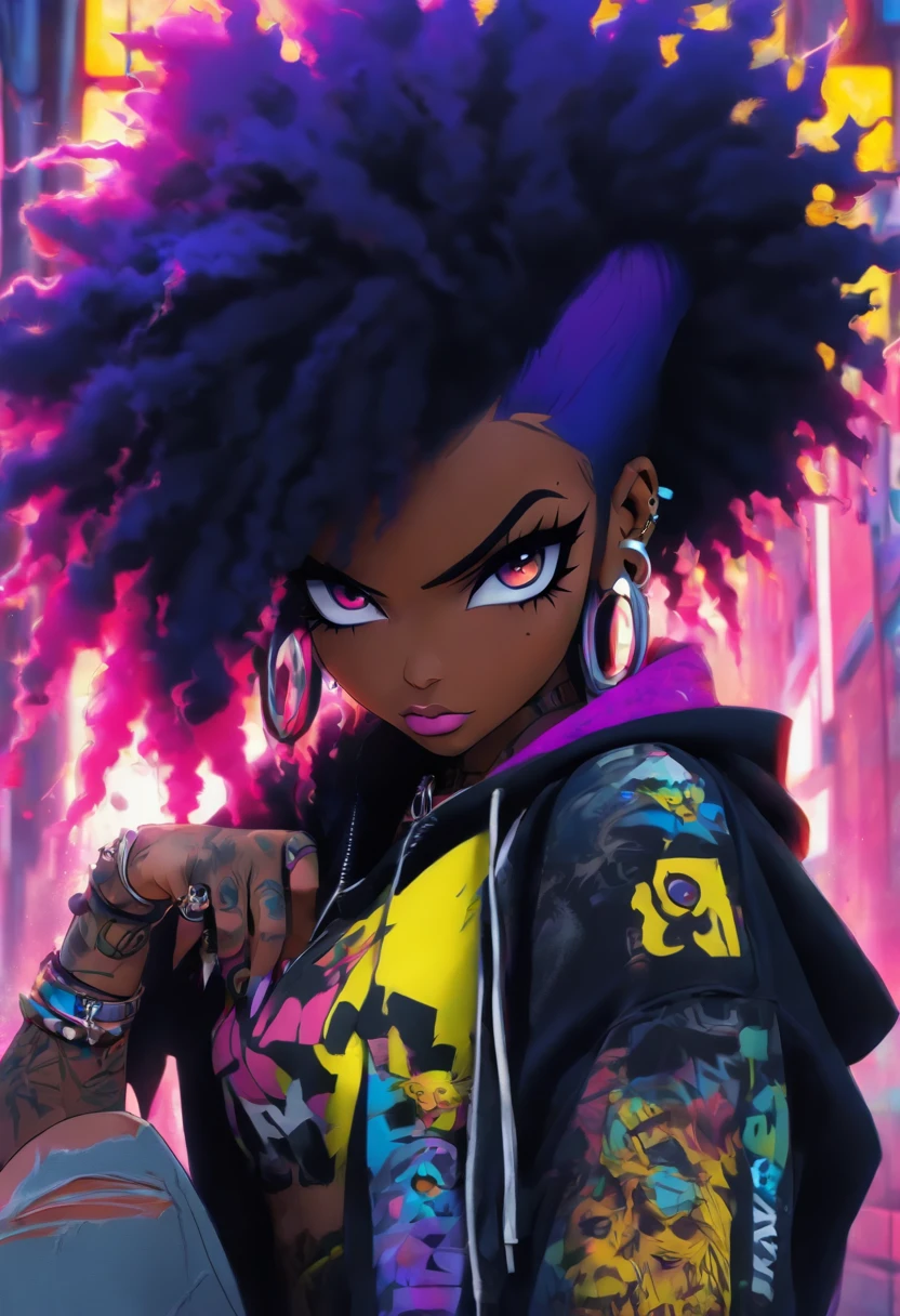 The most beautiful and sexy punk rock girl, black Afro, black and purple, blue hair, yellow eyes, dark skin, (full body concept), wearing a hoodie, Graphic design jacket and torn skinny jeans, tons of tattoos and piercings, Perfect masterpiece, high quality, High resolution, big tits