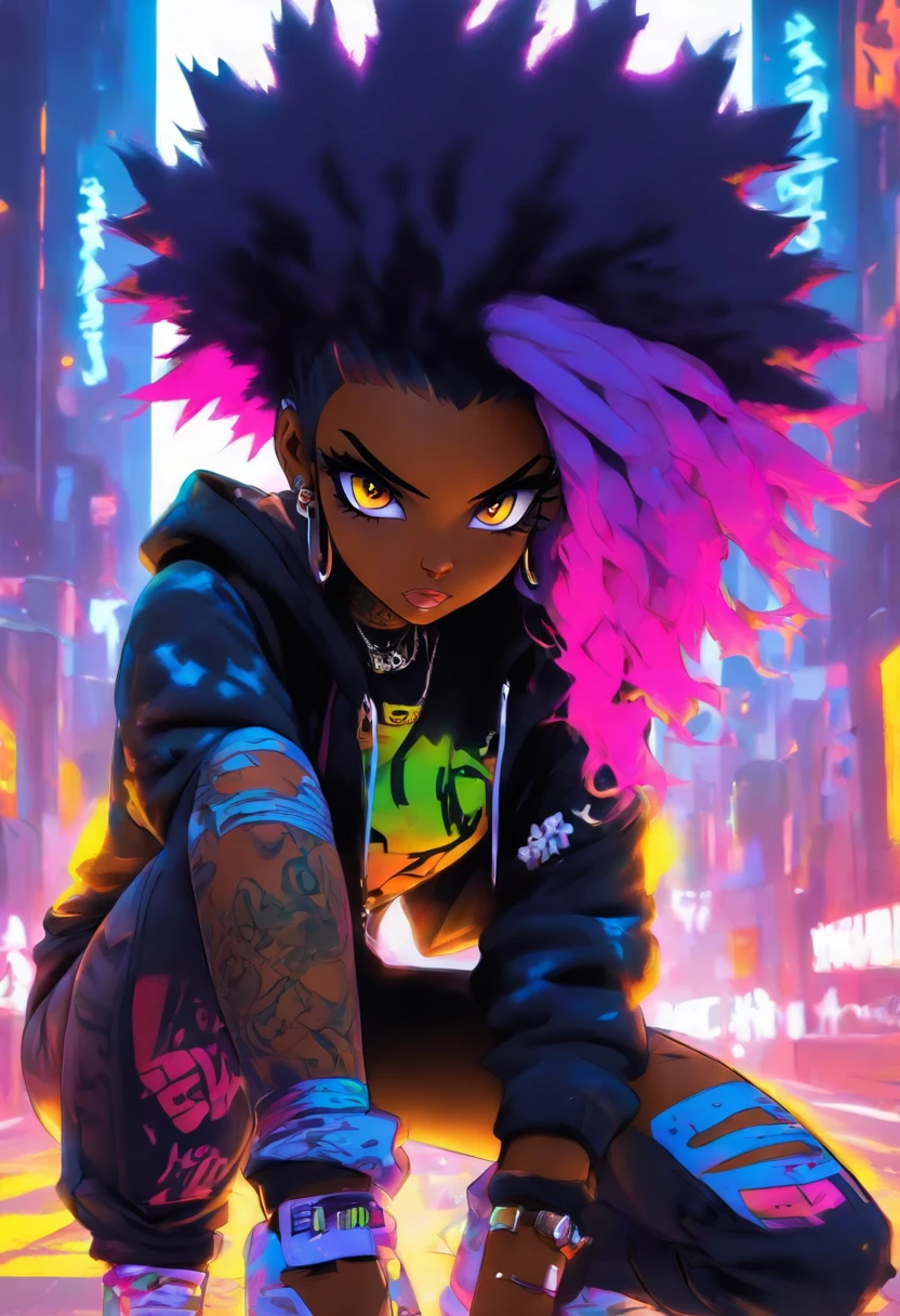 The most beautiful and sexy punk rock girl, black Afro, black and purple, blue hair, yellow eyes, dark skin, (full body concept), wearing a hoodie, Graphic design jacket and torn skinny jeans, tons of tattoos and piercings, Perfect masterpiece, high quality, High resolution, big tits