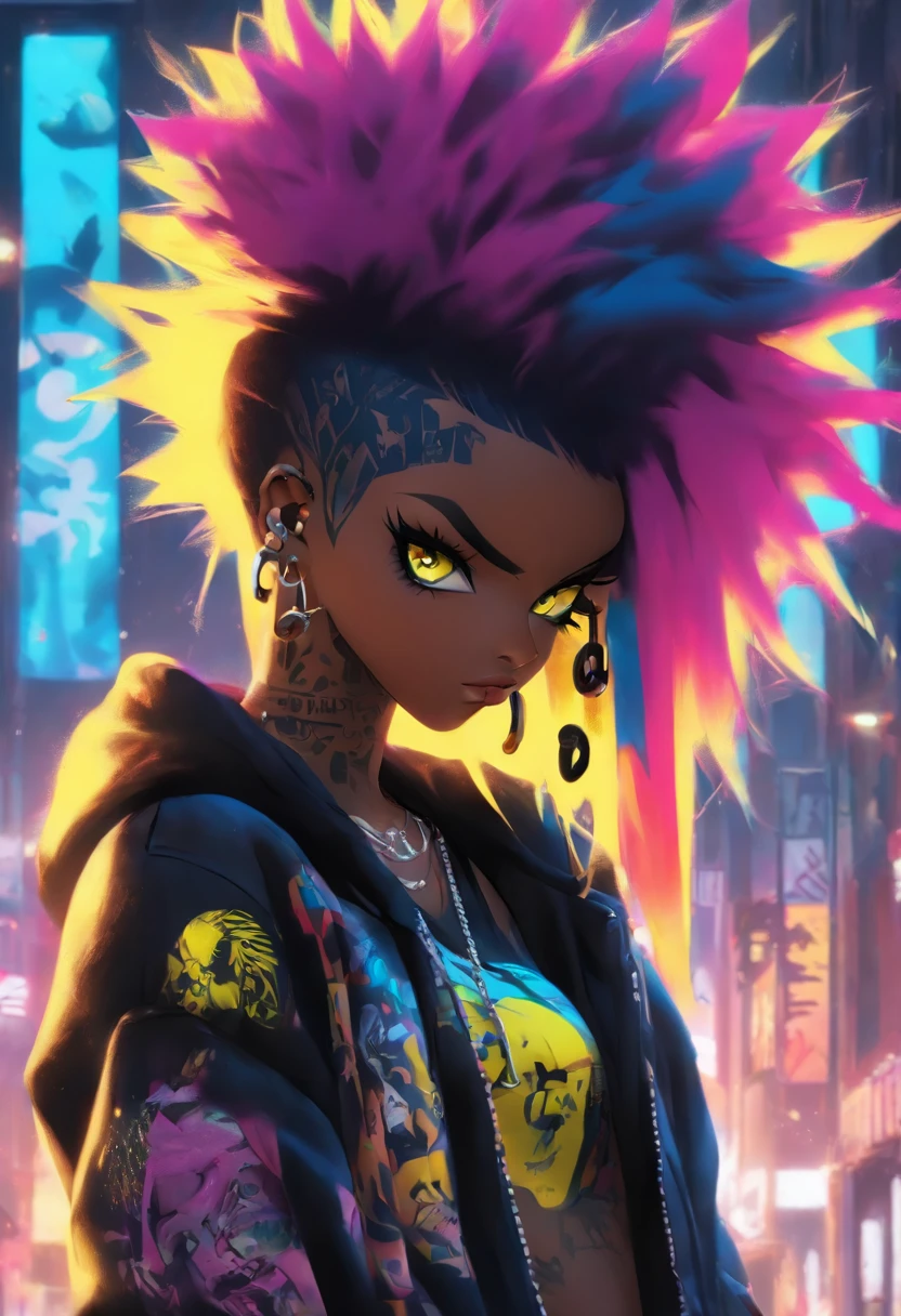 The most beautiful and sexy punk rock girl, black Afro, black and purple, blue hair, yellow eyes, dark skin, (full body concept), wearing a hoodie, Graphic design jacket and torn skinny jeans, tons of tattoos and piercings, Perfect masterpiece, high quality, High resolution, big tits