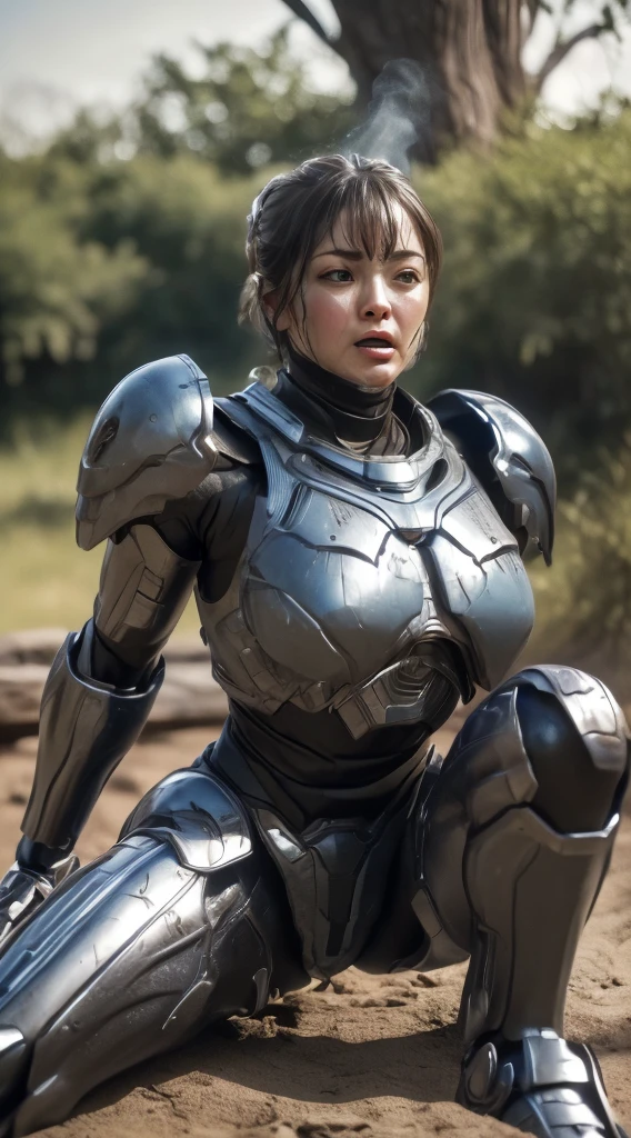 ((Middle-aged woman))Textured skin, Super Detail, high details, High quality, Best Quality, hight resolution, 1080p, , (lying back on)Beautiful,(War Machine),beautiful cyborg woman,Mecha Cyborg Girl,()((heavily damaged armor)),A woman with a feminine mechanical body、Gentle face　A dark-haired,Fulll body Shot)、、Very sweaty face、groggy expression、laying on back、Turn your face at an angle、Opening Mouth((put out the tongue)、Smoke comes from the whole body((Deep cracks in the armor of the whole body))(short-haired　Opening legs　The  is visible　Crouching　Water　Chiquita　((embarassed expression))