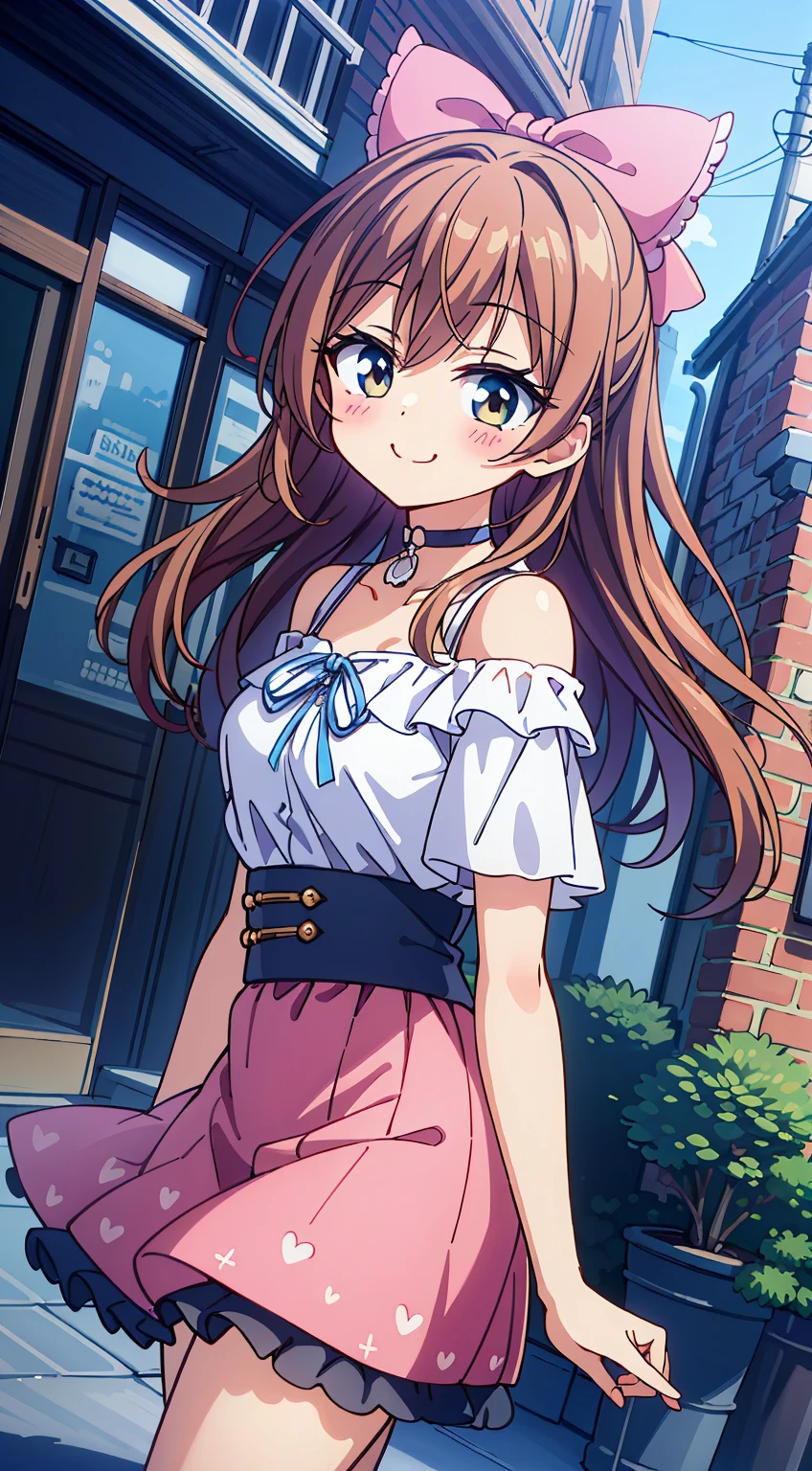 (Absurd realistic structure details),(High resolution complex and detailed text quality),(high-resolution microstructure、High Poly 3D Rendering Correction),Methods of geometry,Careful explanatory anatomy,
BREAK,
1girl in, (Cute:1.5),(Chibi:0.5),(kawaii:2.0),(Lori:2.0),(7 year old girl),(Solo:1.65),BREAK, (flat chest:1.2,), Clear skin, Beautiful skin, Shy, One Beautiful Girl,(Hair Bow, reddish brown hair, Twin-tailed:1.2), (Brown eyes, long eyelashes, Double eyelids: 1.2), Shiny skin, gleaming skin,Clear skin, Beautiful skin,( A smile:1.5), Solo,gleaming skin, Clear skin, Beautiful skin(best quality face),(Top quality glowing eyes), BREAK (Pink Theme:1.4), (Vivid colors:1.3), (off shoulder shirt, White shirt, Puffy Short Sleeves:1.3), Belt bag,(Skirt, with floral pattern:1.2),tie,(lace-up boots:1.1),
BREAK,(early evening),Walking,a closed mouth,(architecture, building, Choker, city, Cityscape, Outdoors, potted plant,Street, Town:1.55), Waterfall,depth of fields,
BREAK,wakame,wakame,wakame,(Dynamic Angle:1.4),
BREAK,(Blurry background:1.3),(absurderes, hight resolution, Super Detail Art),cel shading,Clear Color, Lonely optical effect, Beautiful pictures, Bright glow, mystic atmosphere,(Close-up of girl:1.1), Mystical light particle effect,manga influence, clean line drawings,