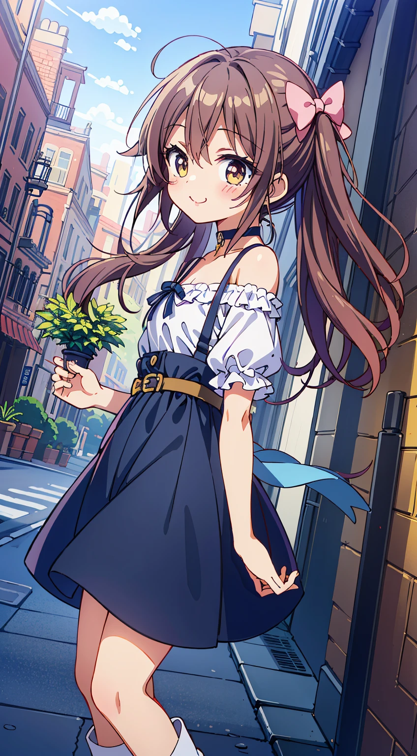 (Absurd realistic structure details),(High resolution complex and detailed text quality),(high-resolution microstructure、High Poly 3D Rendering Correction),Methods of geometry,Careful explanatory anatomy,
BREAK,
1girl in, (Cute:1.5),(Chibi:0.5),(kawaii:2.0),(Lori:2.0),(7 girl),(Solo:1.65),BREAK, (flat chest:1.2,), Clear skin, Beautiful skin, Shy, One Beautiful Girl,(Hair Bow, reddish brown hair, Twin-tailed:1.2), (Brown eyes, long eyelashes, Double eyelids: 1.2), Shiny skin, gleaming skin,Clear skin, Beautiful skin,( A smile:1.5), Solo,gleaming skin, Clear skin, Beautiful skin(best quality face),(Top quality glowing eyes), BREAK (Pink Theme:1.4), (Vivid colors:1.3), (off shoulder shirt, White shirt, Puffy Short Sleeves:1.3), Belt bag,(Skirt, with floral pattern:1.2),tie,(lace-up boots:1.1),
BREAK,(early evening),Walking,a closed mouth,(architecture, building, Choker, city, Cityscape, Outdoors, potted plant,Street, Town:1.55), Waterfall,depth of fields,
BREAK,wakame,wakame,wakame,(Dynamic Angle:1.4),
BREAK,(Blurry background:1.3),(absurderes, hight resolution, Super Detail Art),cel shading,Clear Color, Lonely optical effect, Beautiful pictures, Bright glow, mystic atmosphere,(Close-up of girl:1.1), Mystical light particle effect,manga influence, clean line drawings,