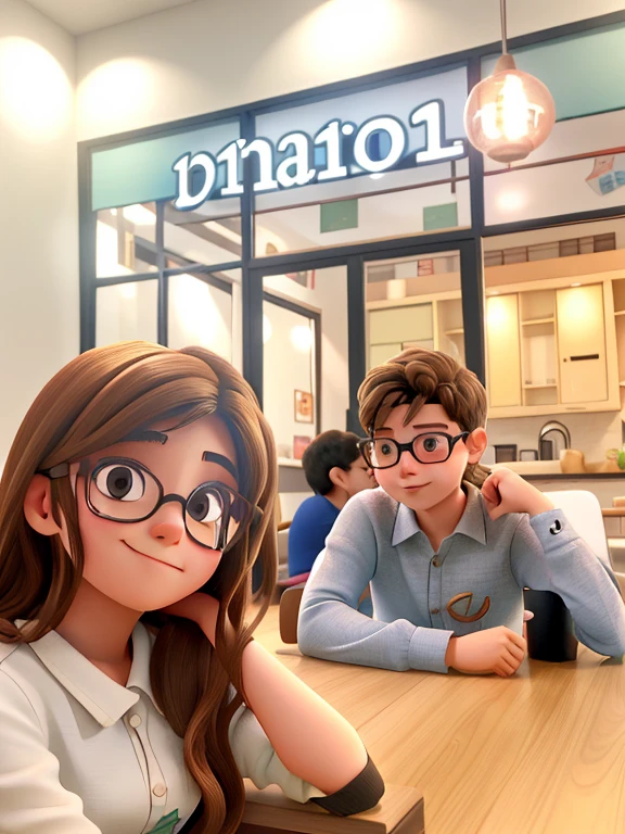 A girl posing hugging a boy, She's wearing glasses, They're both brunettes, no fundo uma praia