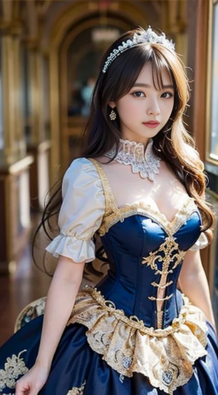 (masutepiece),(Best Quality), (Super Detail),((Very delicate and beautiful)),Cinematic lighting, beautiful girl from Prague,Absolutely gorgeous princess rococo ball gown adorned with sparkling jewels and voluminous full-length hoop skirt、Hourglass waist,Padded and corset bodice、Gorgeous golden embroidery and beautiful lace、,Long Train,voluminous ruffles,see -through、